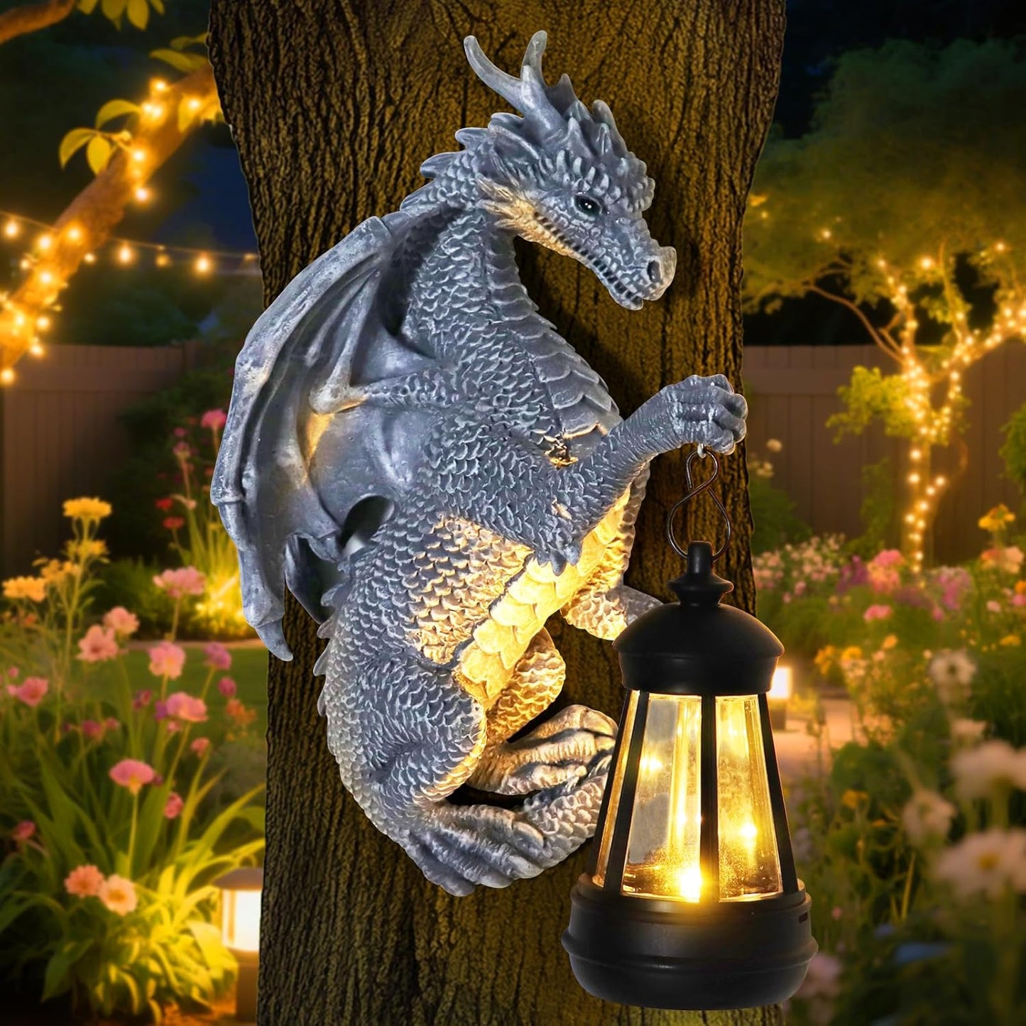 Garden Statues Tree Hugger Dragon - Halloween Dragon Statue Solar Lights Outdoor Patio Wall Decor,Christmas& Mothers Day&Birthday Gifts for Grandma Mom Women,Ideas Arts Crafts Waterproof Resin Lantern