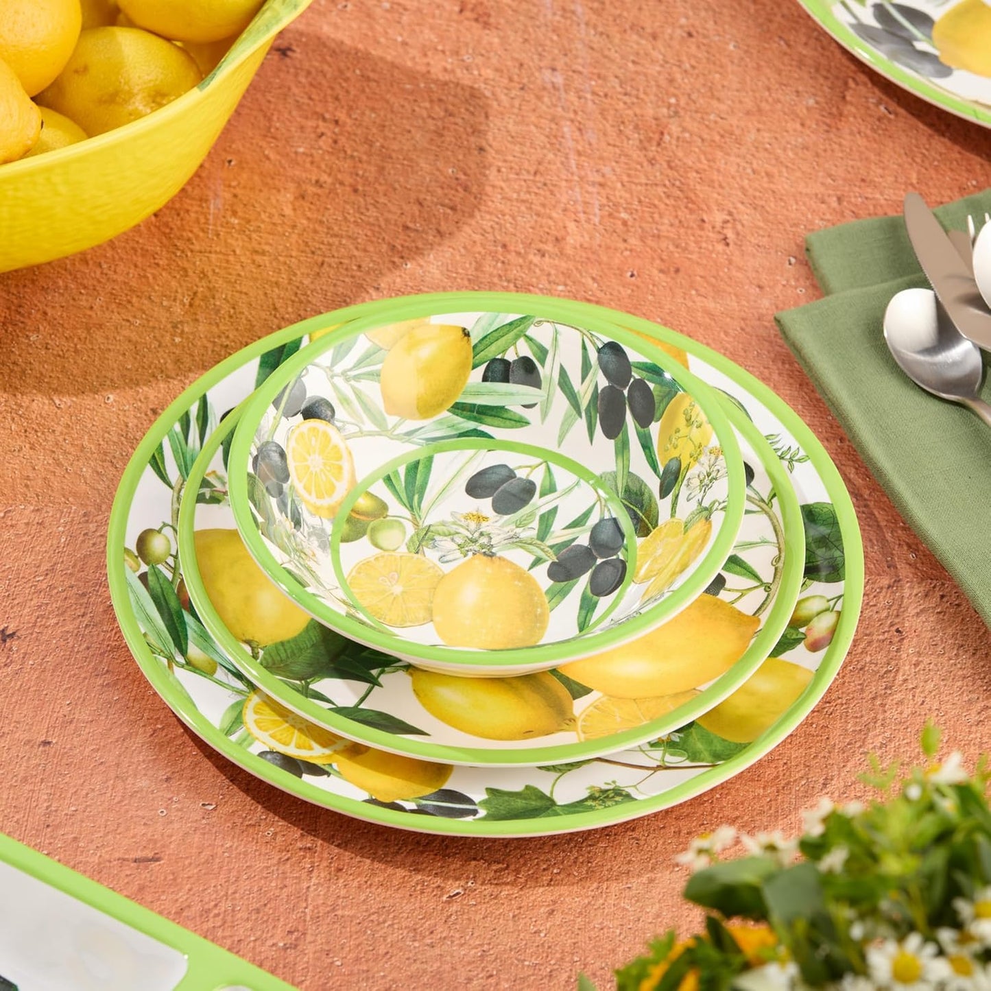 Limone 12-Piece Melamine Dinnerware Set - Citrus-Inspired, Service for 4, Durable, Shatterproof, Dishwasher-Safe Plates and Bowls for Everyday Dining, Outdoor Use, and Entertaining