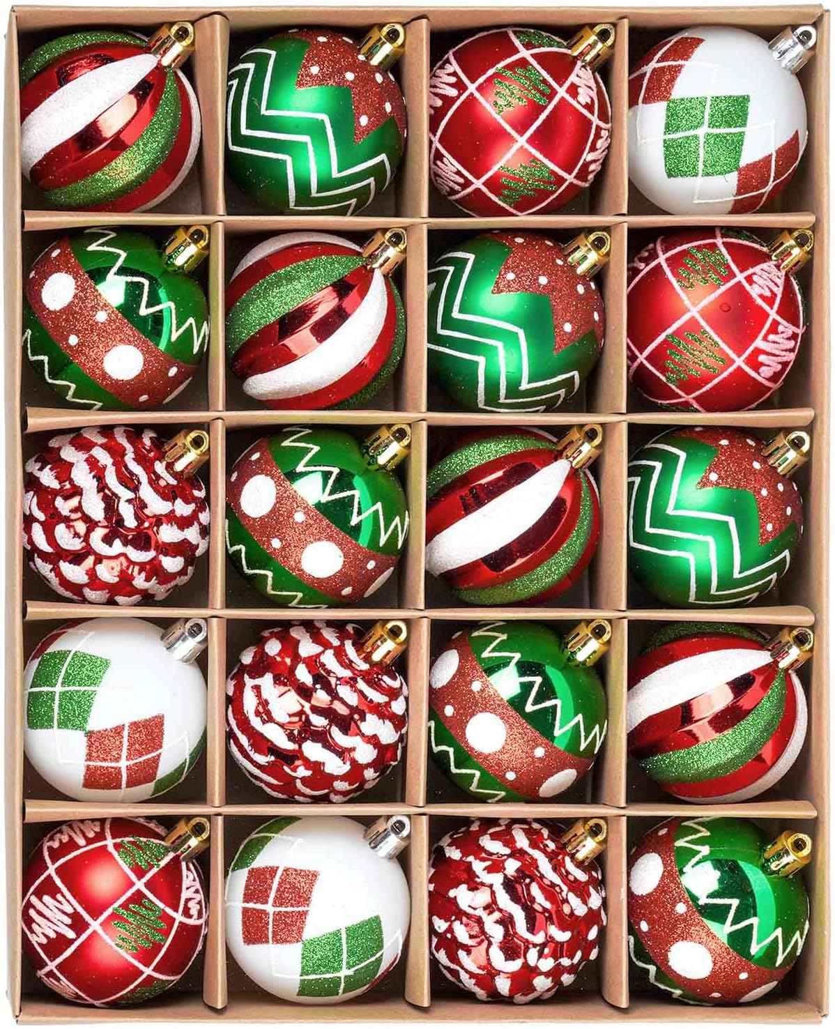 Christmas Tree Ball Ornaments 20ct Set, 2.36 Inch Red Green White Classic Christmas Decorations, Shatterproof Hanging Ornaments for Xmas Holiday Decoration (Red&Green&White)
