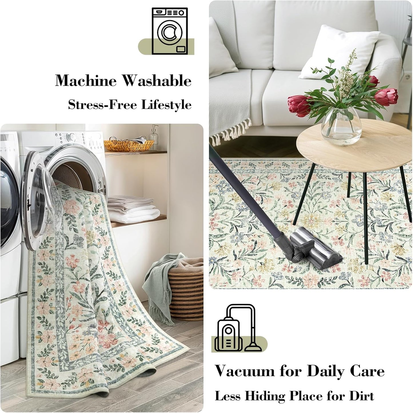 Wonnitar Washable 6x9 Area Rugs, Soft Floral Rug for Bedroom Kids Playroom Light Colored Carpet, Non Slip Ultra-Thin Indoor Beige Carpet for Living Room Classroom Office