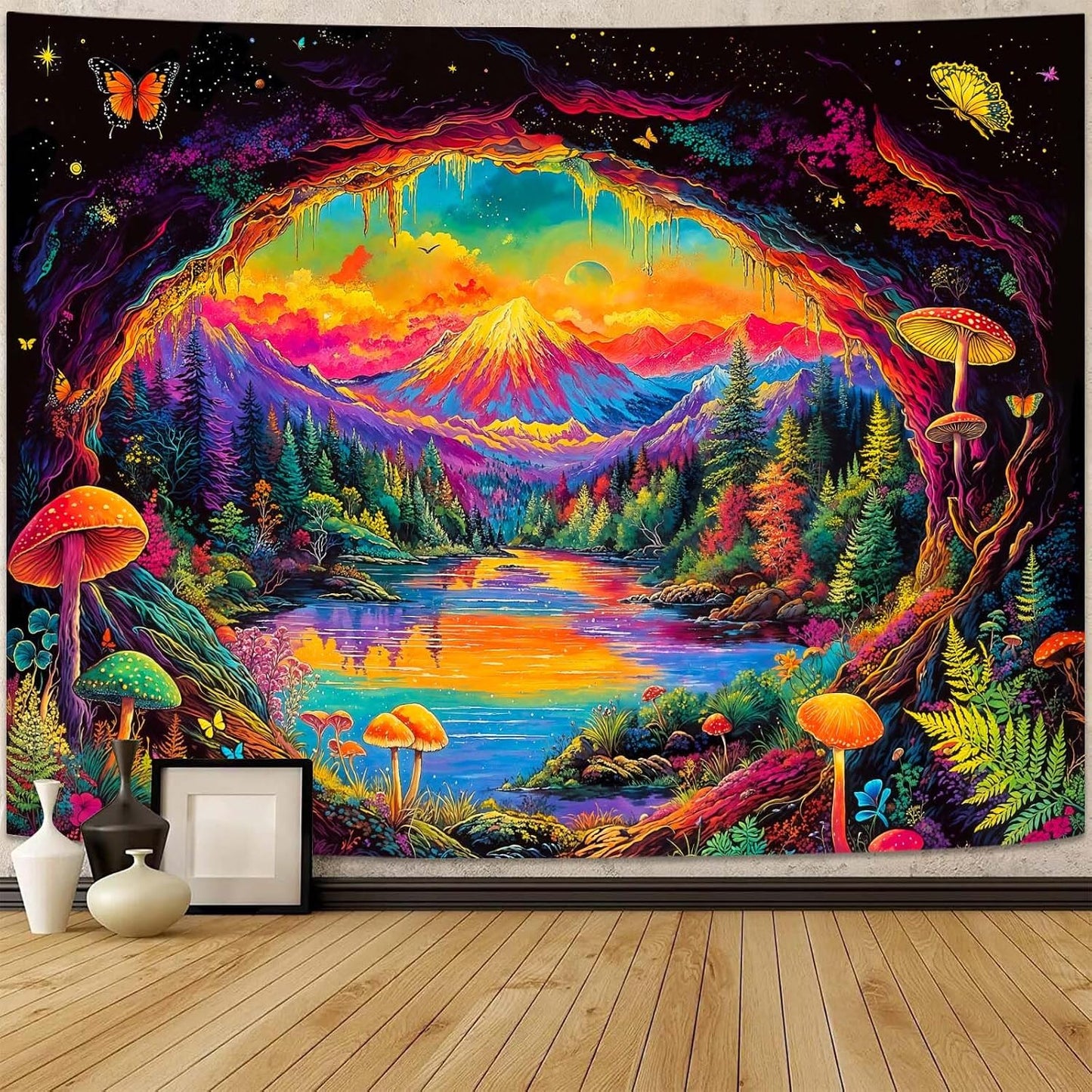Haibimen Blacklight Landscape Tapestry Wall Hanging Forest Mushroom Aesthetic Tapestries for Bedroom Nature Mountain Lake Wall Art for Living Room, Dorm Decor (lake, 80''×60'')