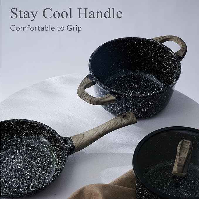 Pots and Pans Set Non Stick Non-Toxic 22 Pcs Ceramic Cookware Sets Nonstick Kitchen Pot&Pan With Lid Black Granite Induction Compatible with Glass Lids Crepe Frying Pan PFOA/PFOS-Free