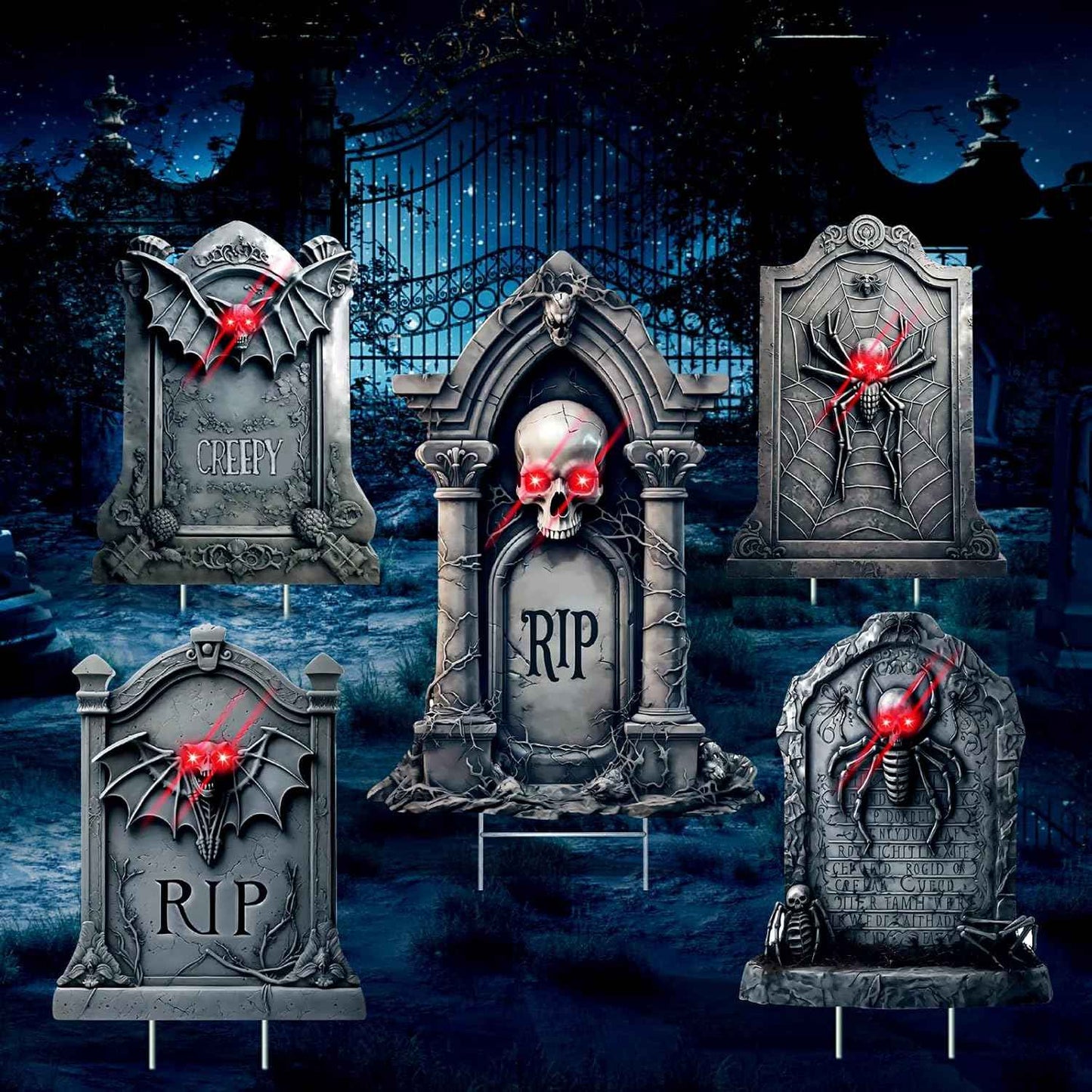 5 Pack Tombstone Halloween Decorations Plastic Yard Signs with Stakes,Graves Halloween Decorations Outdoor, Scary Gravestone Decorations with Glow in Dark Eyes for Outdoor Yard Lawn Garden Waterproof