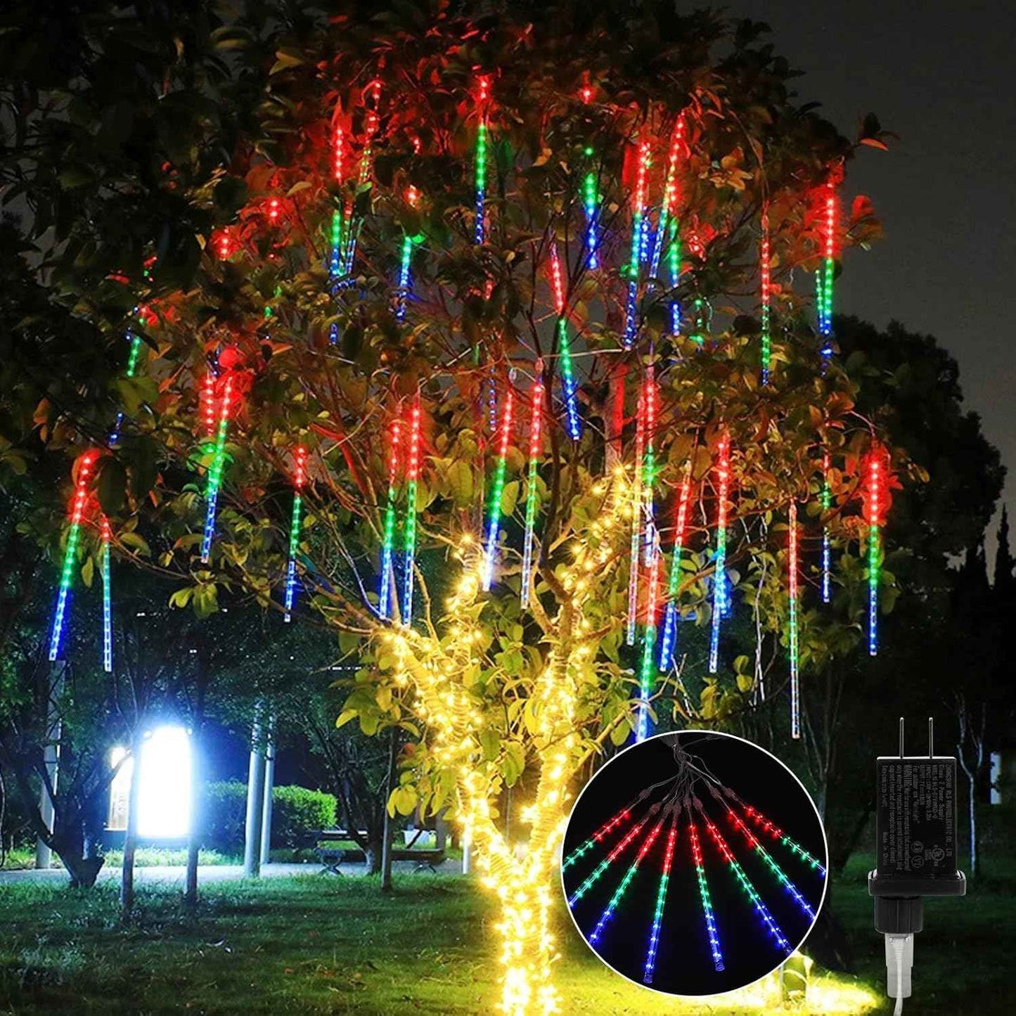 Christmas Meteor Shower Lights 8 Tubes 11.8 inch 360 LED Icicle Lights Waterproof Falling Rain Light US Plug for Tree House Yard Party Outdoor Decor (Multicolor)