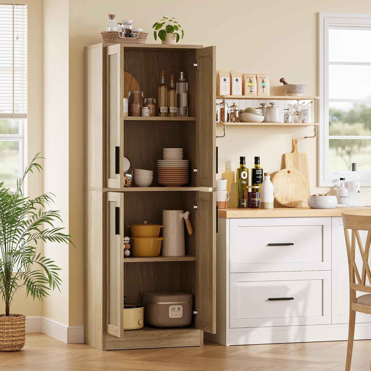 Pantry - Kitchen Pantry Cabinet, Tall Storage Rattan Cabinet with 4 Doors and Adjustable Shelves, Linen Closet Freestanding Cupboard for Dining Room Living Room, Laundry, Bathroom