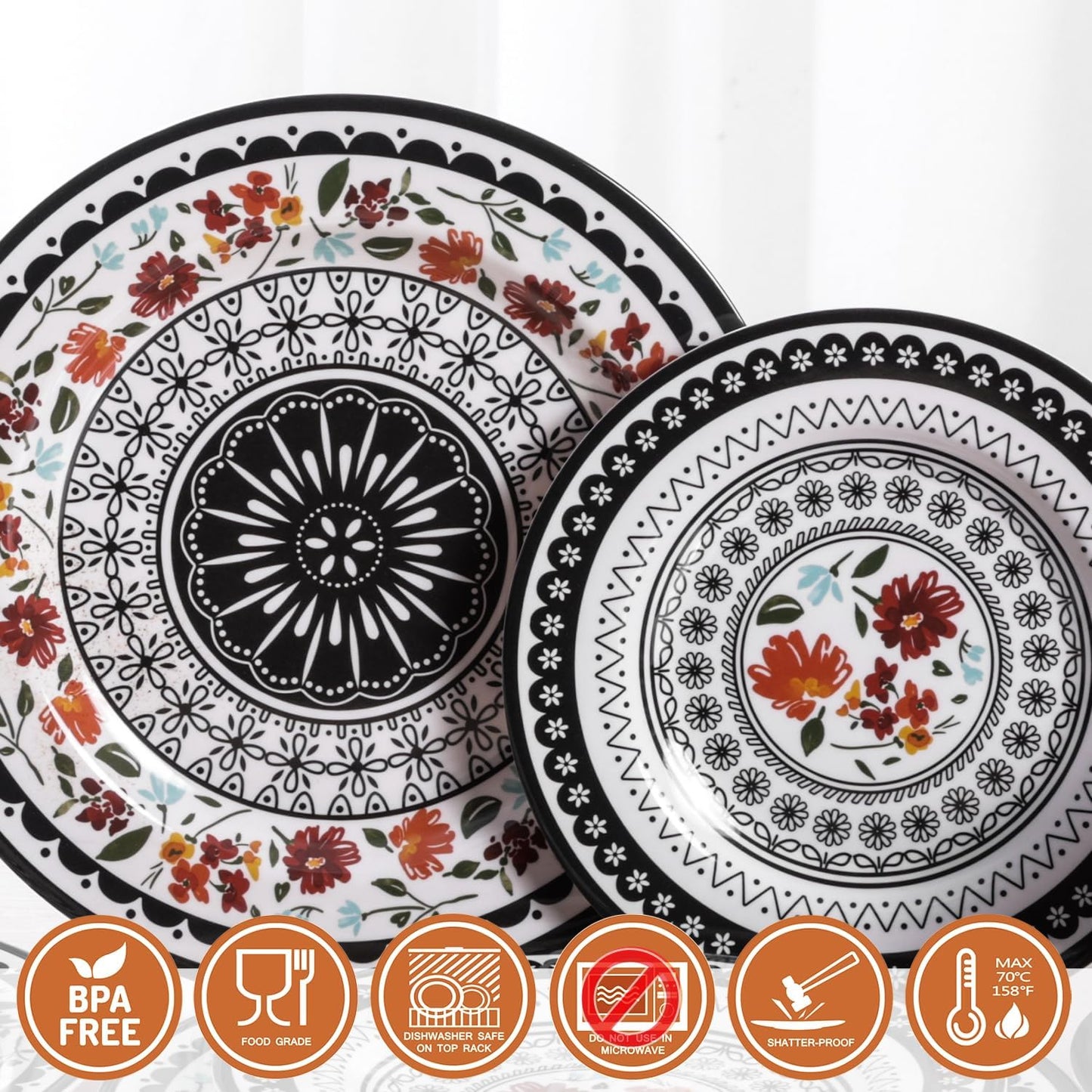 12-Piece Melamine Dinnerware Sets, Unbreakable Dinner Dishes Set for Indoor and Outdoor Use, Dishwasher Safe, Lightweight Dinner Service for 4, Black and White