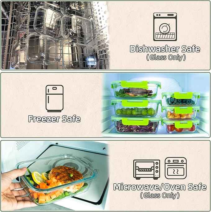 UMEIED 10 PACK Glass Food Storage Containers with Leak Proof Lids, Glass Airtight Meal Prep Containers Set for Lunch, On the Go, Leftover, Kitchen Pantry Organizers and Storage (Green)