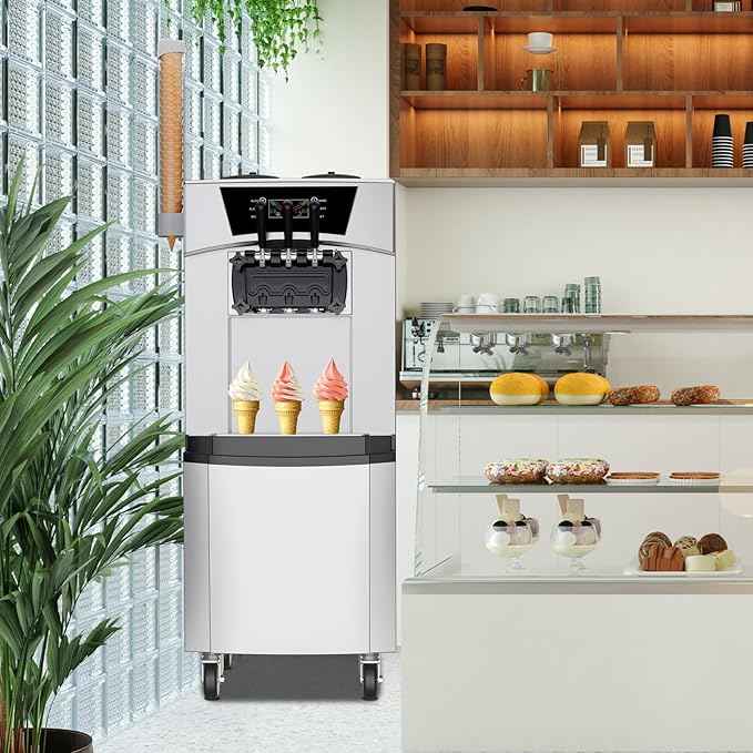 Commercial 2+1 Flavors Ice Cream Machine 5.8 to 8 Gal per Hour, 2200W Vertical Soft Serve with LCD Display, Auto Clean, High Productivity, Perfect for Restaurant