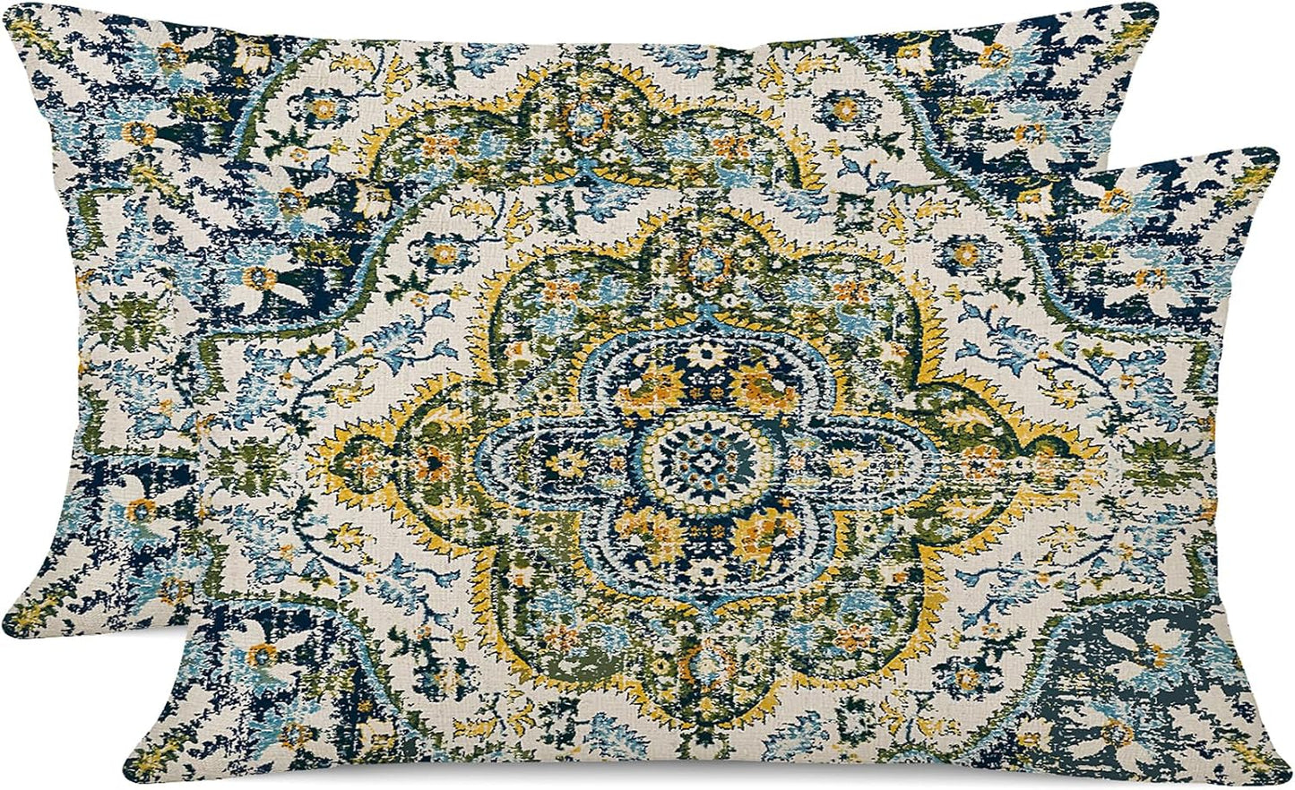 Outdoor Waterproof Pillow Covers 12X20 Set of 2 Bohemian Vintage Carpet Pattern Pillow Covers Green Blue Ethnic Design Decorative Farmhouse Cushion Case for Couch Garden