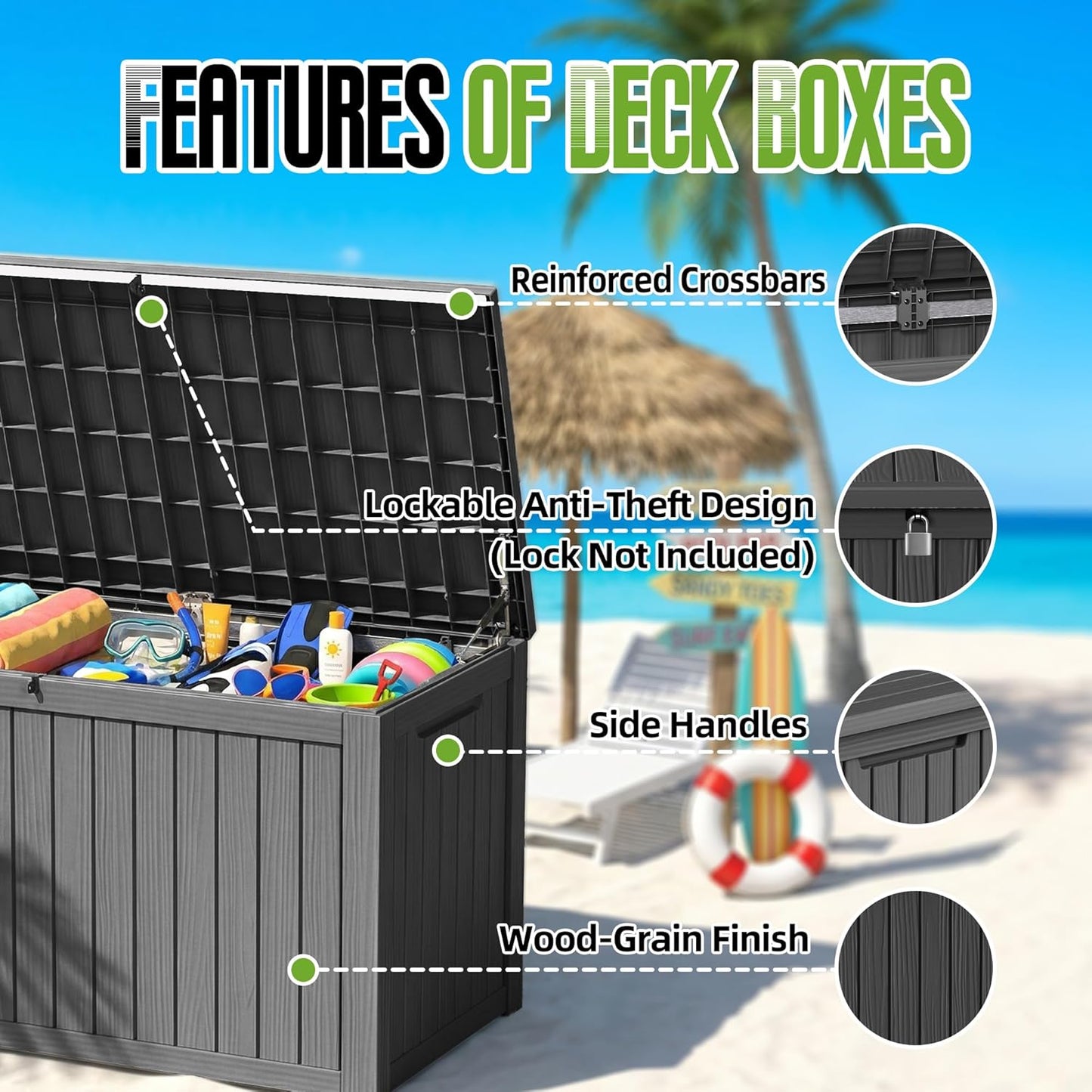 200 Gallon Outdoor Storage Deck Box Waterproof Resin Lockable Outside Bench Porch Patio Furniture Pool Float Garden Tool Cushion UV Resistant Bin Black
