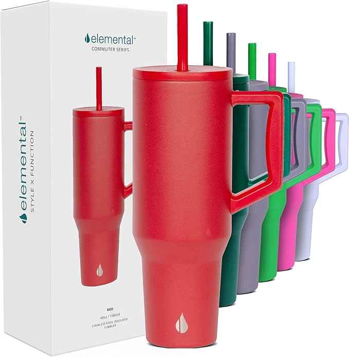 Elemental 40 oz Tumbler with Handle and Straw - Spill Proof Insulated Stainless Steel Commuter for Cold Beverages - Travel Coffee Mug with 2 Straws & Spill Proof Lid - 40oz - Red