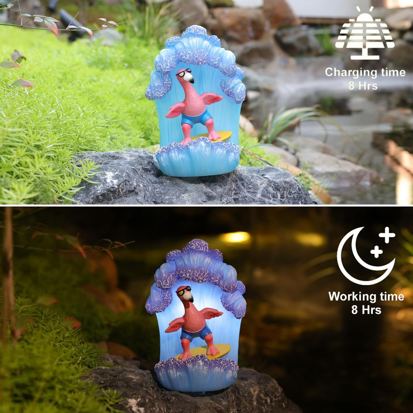 Pink Flamingos for Yard-Garden Statues Solar Decor - Surfing Hawaii Beach Yard Art Light up Sea Wave Outdoor Decor for Patio Lawn Yard