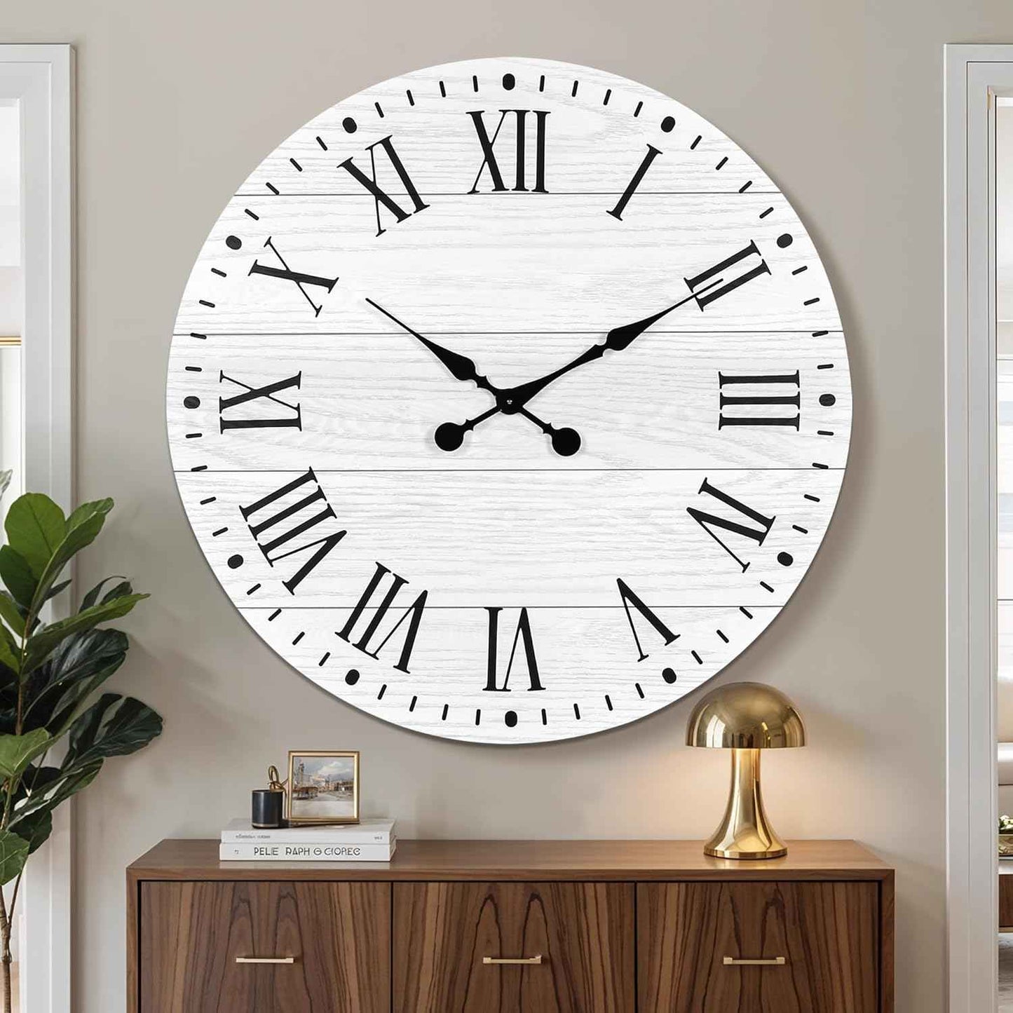 Large Wall Clock with Roman Numeral, 35.5” Shiplap Wall Clock Farmhouse Nearly Non-Ticking, Round Clock for Living Room Decor, Office, Bedroom, Entrance, White