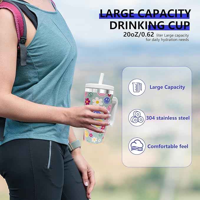20-OZ Insulated Water Bottle,Insulated Stainless Steel Tumbler,Reusable Cold Drink Thermos,BPA-Free, Double-Wall Stainless Steel Water Bottle (Green-Simleyface Flower, 20, Fluid Ounces)