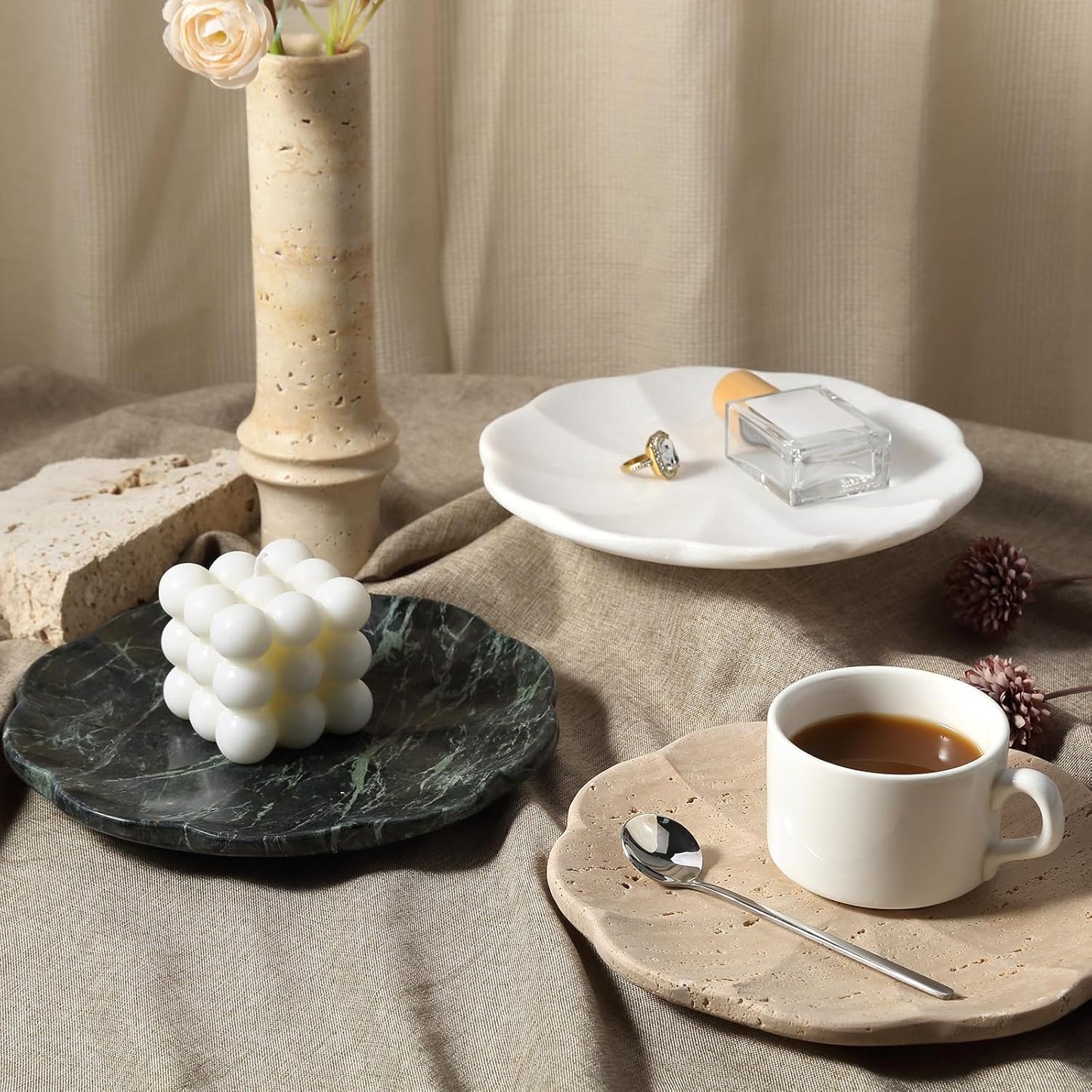 Koville Marble Tray, 8" Round Marble Vanity Tray for Jewelry Trinket Perfume, Natural Stone Tray for Bathroom Kitchen Dresser Countertop, Scalloped Decorative Tray for Home Table Decor(Green)