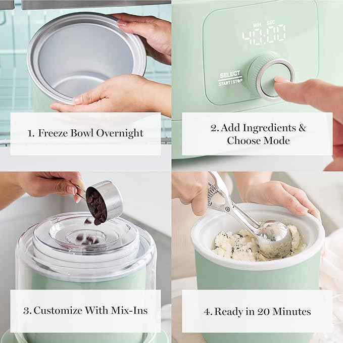 Martha Stewart Ice Cream Maker, 2 Quart Double-Insulated Freezer Bowl, Sorbet & Frozen Yogurt, Ready in 20 Minutes, Mix-Ins Chute, Easy to Clean, Honeydew Green