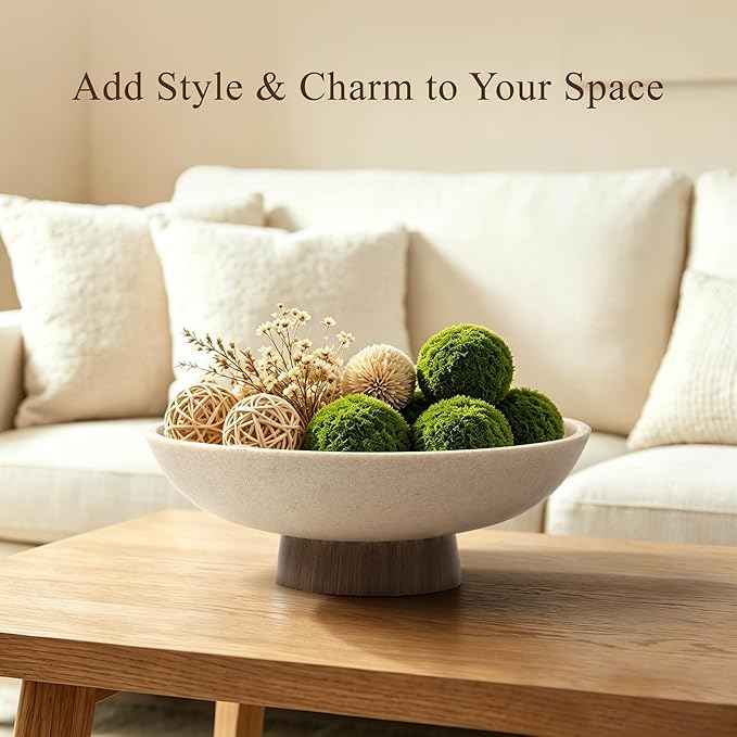 YMXYJM Modern Pedestal Fruit Bowl, Large Matte Resin Decorative Bowl with Faux Wood Base for Kitchen Counter, Living Room, Entryway Home Decor, Brown