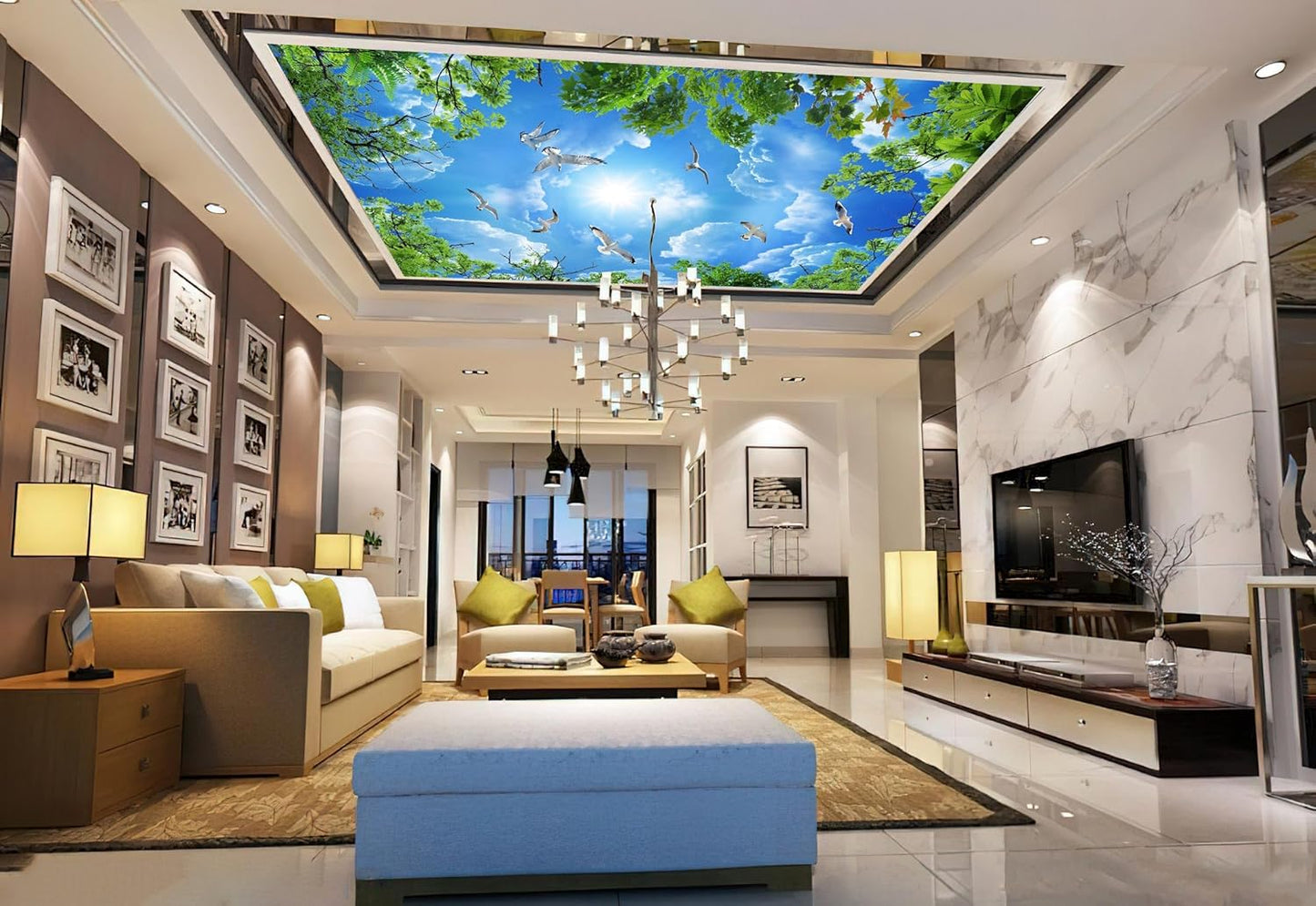 Sky Seagull Green Tree Ceiling 3D Wall Mural Wallpaper 103" x 69"