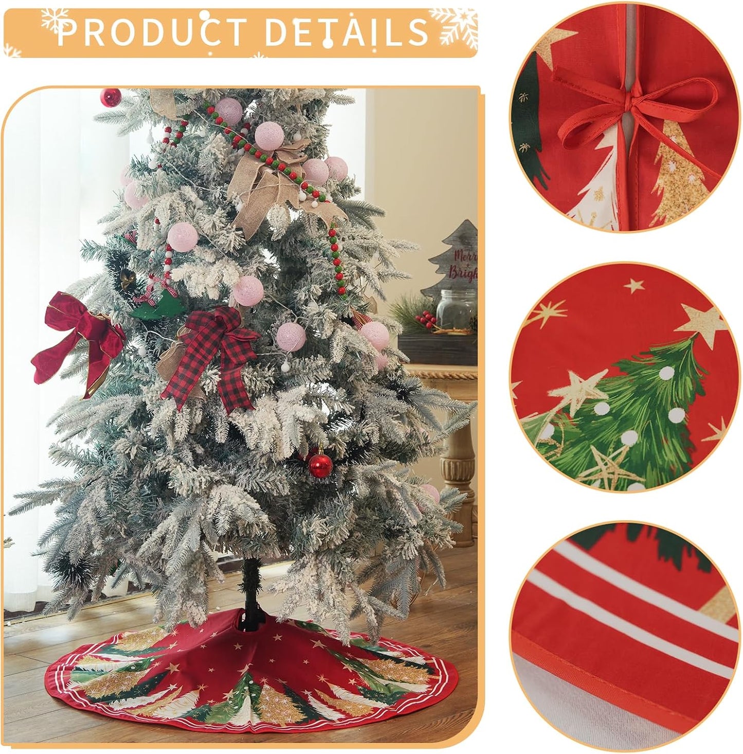 CROWNED BEAUTY Merry Christmas Tree Skirt 48 Inch, Red & Green | Premium soft fabric tree skirt. Features pine trees in red and green for a rustic farmhouse xmas holiday decor.