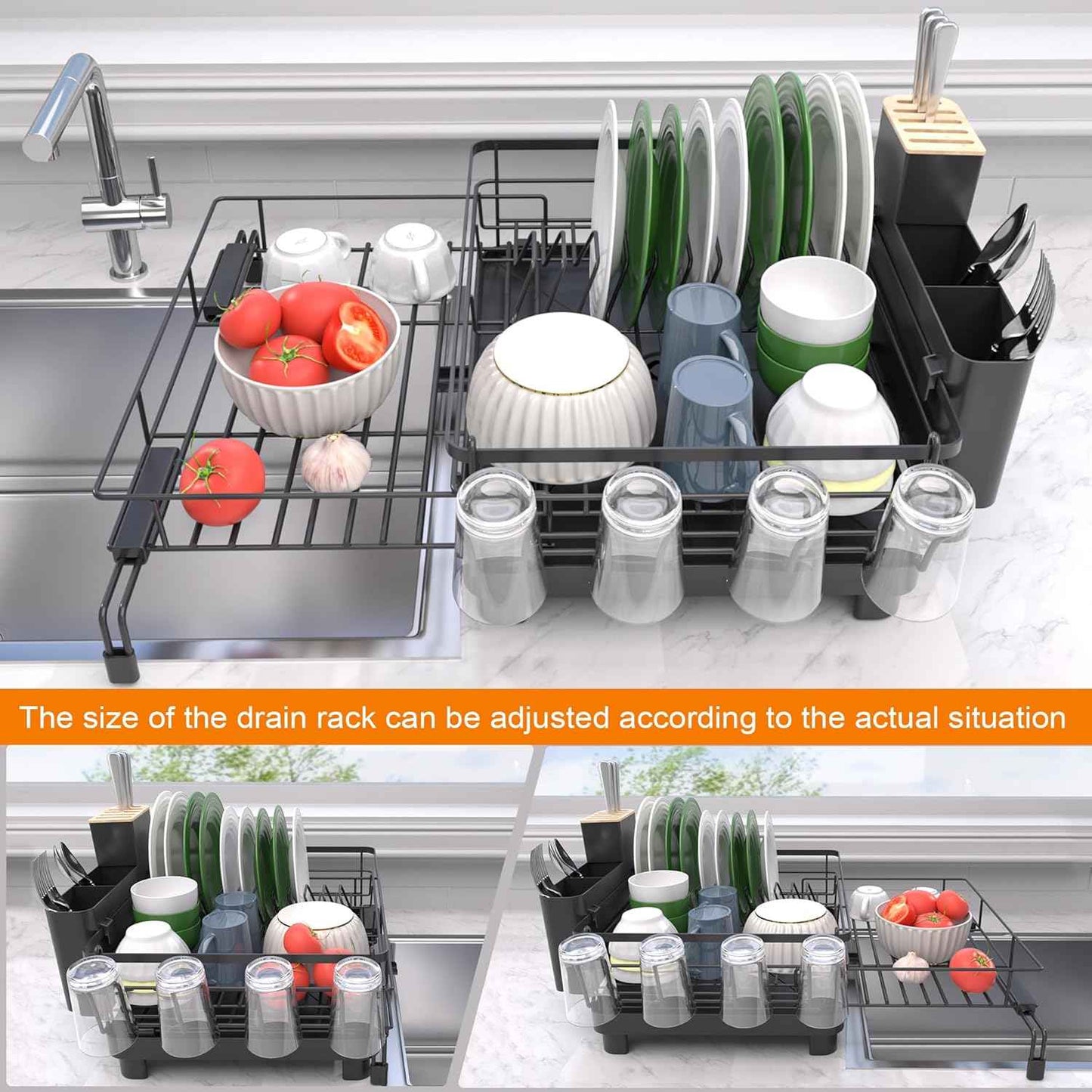 Runnatal Dish Drying Rack - Expandable Dish Rack, Large Drying Dish Drainer Over Sink with Drainboard, Utensil Holder & Cup Holder, Stainless Steel Dish Strainer for Kitchen Counter, Black