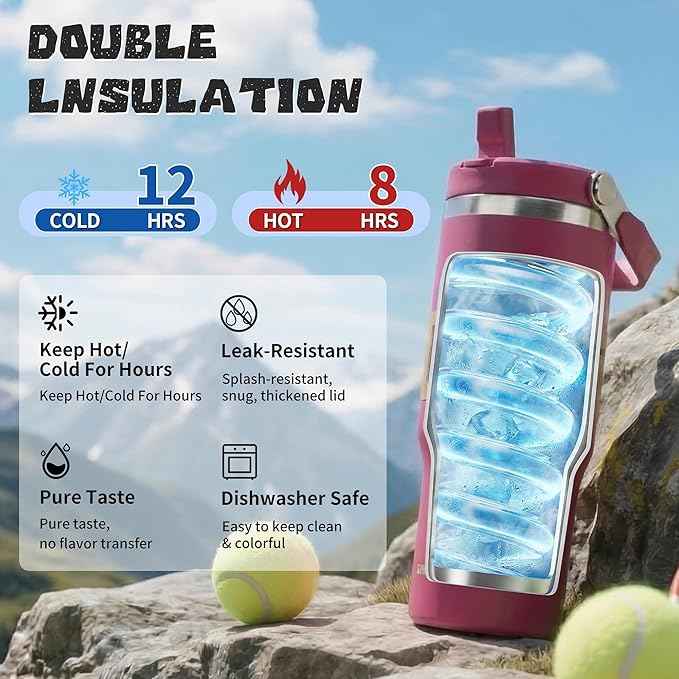 30oz Flip Straw Insulated Water Bottle with Handle, Leak Proof Stainless Steel Travel Tumbler With Lid, Double Wall Vacuum Iced Coffee Travel Mug, Sport Cup, Outside use