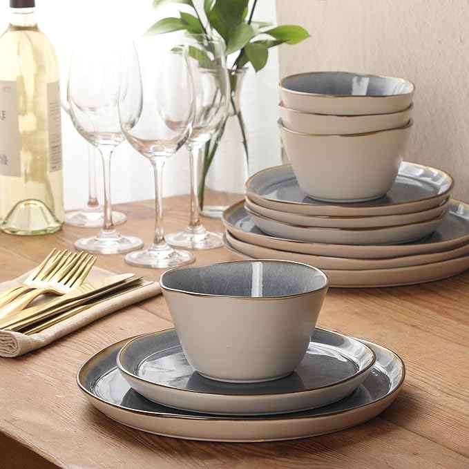 Gibson Elite Algeria River Plates and Bowls Sets, 12-Piece Stoneware Dinnerware Sets, Reactive Glaze Dish Set - Blue