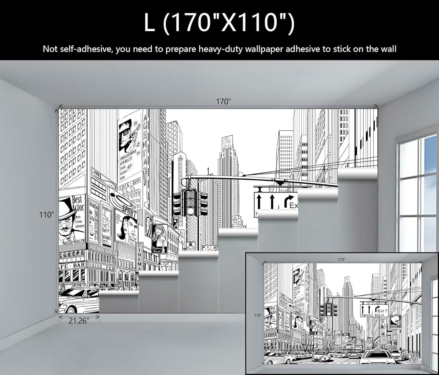 WFBHUA-Black and White New York City Wallpaper Hand Painted Times Square Wall Mural Decoration for Living Room Bedroom Offices(Not Peel and Stick)