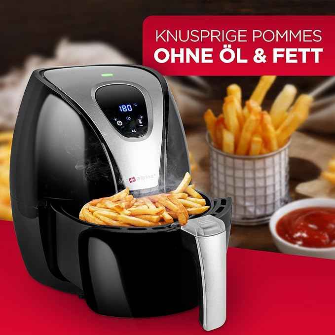 alpina Hot air fryer, fryer, roasting, frying, grilling, roasting and frying, up to 80% less fat, 2-4 people, 2.4 liters, black