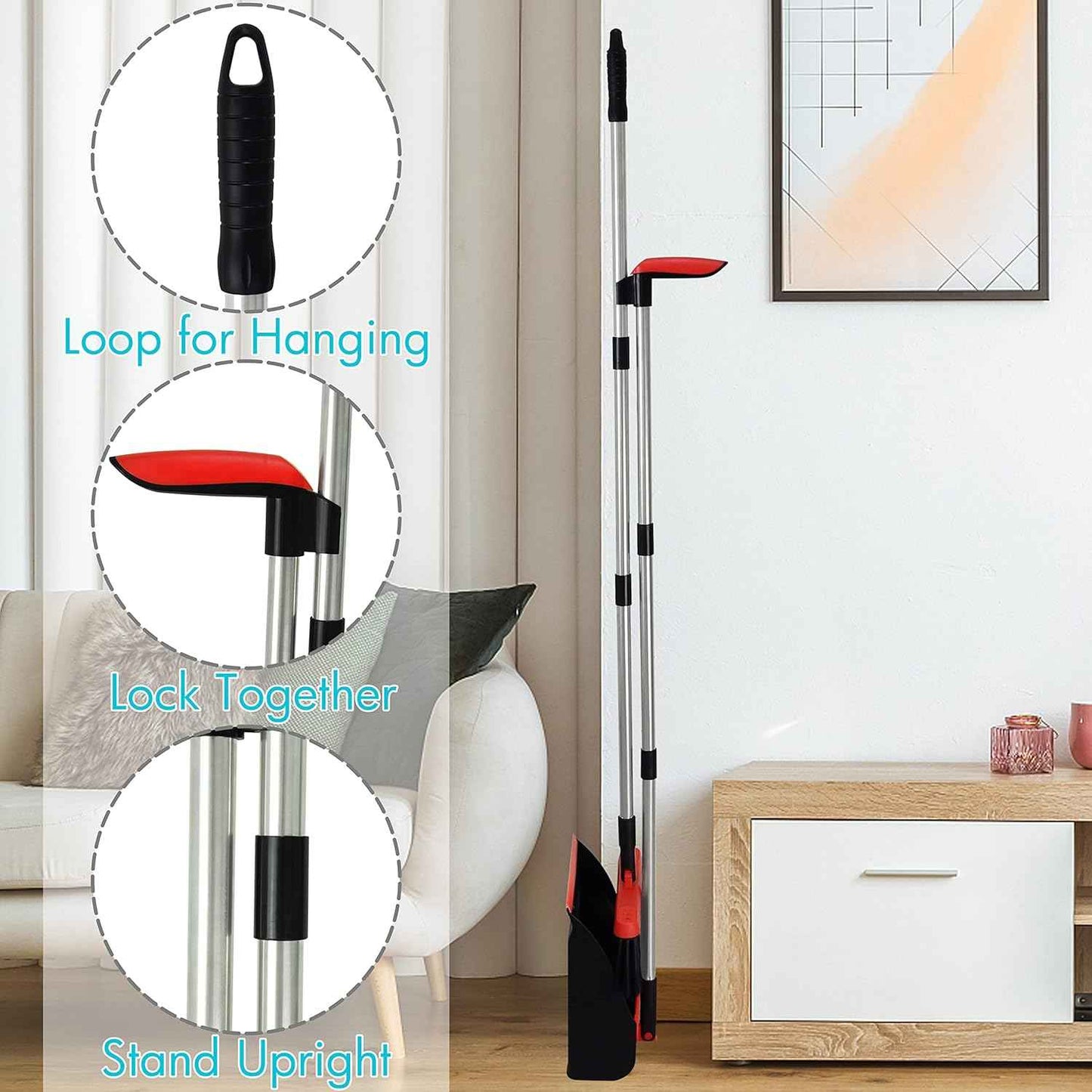 2-Pack Broom and Dustpan Combo Set, with 48" Adjustable Long Stainless Handles, Stand Up Dustpan with Self-Cleaning Teeth, Ideal for Home, Office, Kitchen, Indoor & Outdoor Use, Black