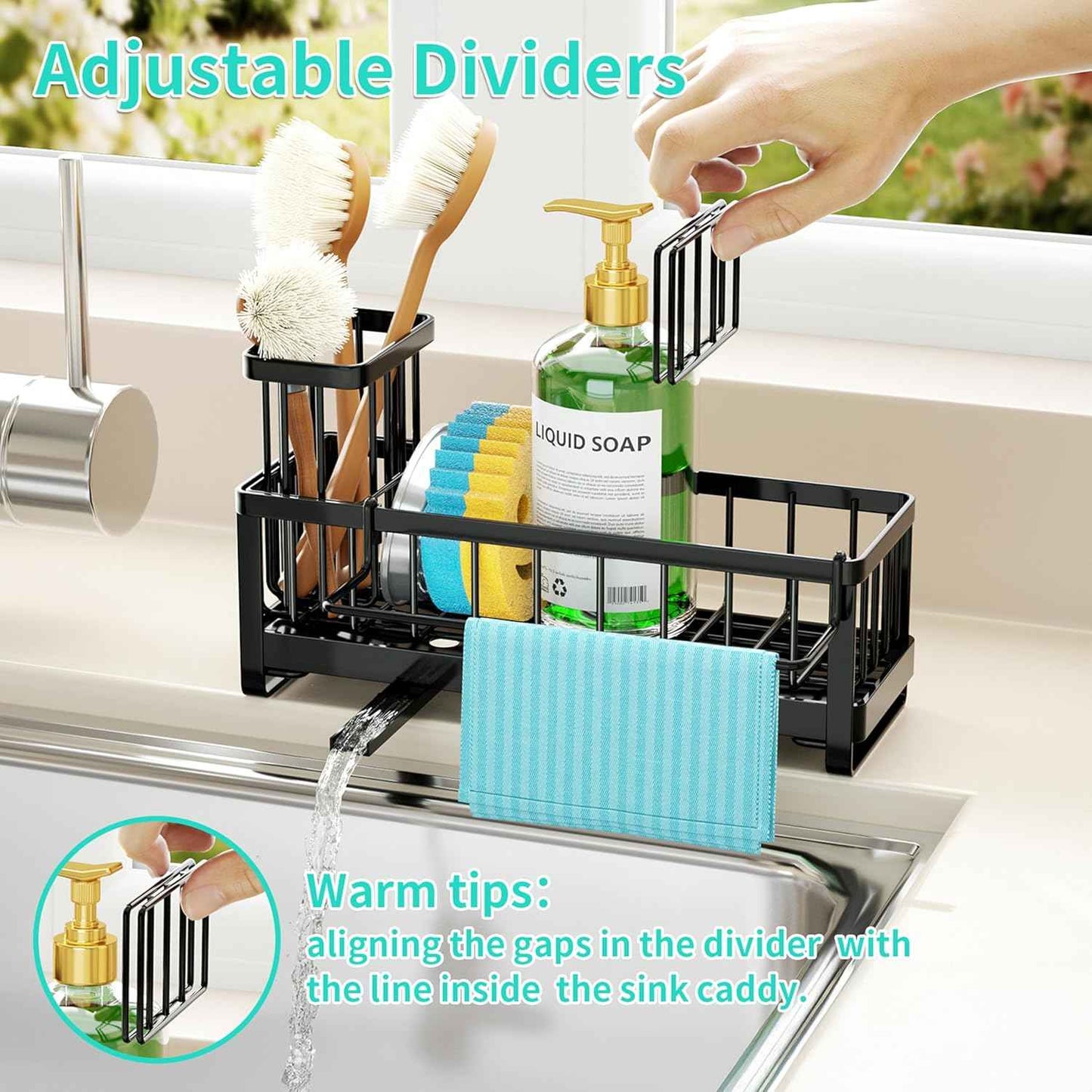 HapiRm Sponge Holder for Kitchen Sink - Self-draining Sink Caddy with Brush and Dishcloth Holders, Stainless Steel Kitchen Countertop Organizers and Storage Essentials - Black
