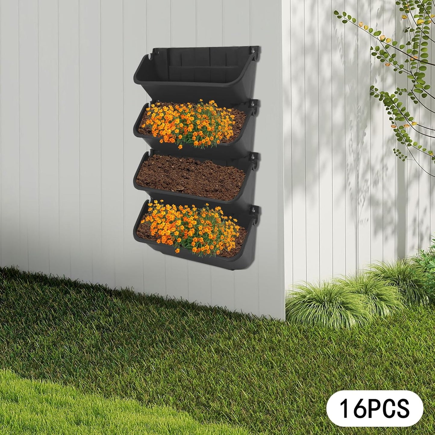 Vertical Wall Planter 16Pcs, 13 inch Wall Mounted Garden Planters, Plastic Wall Hanging Planter with Drainage Holes, Wall Planters for Patio Outdoor Decor, Balcony Plant Hanging Flowerpot (Black)