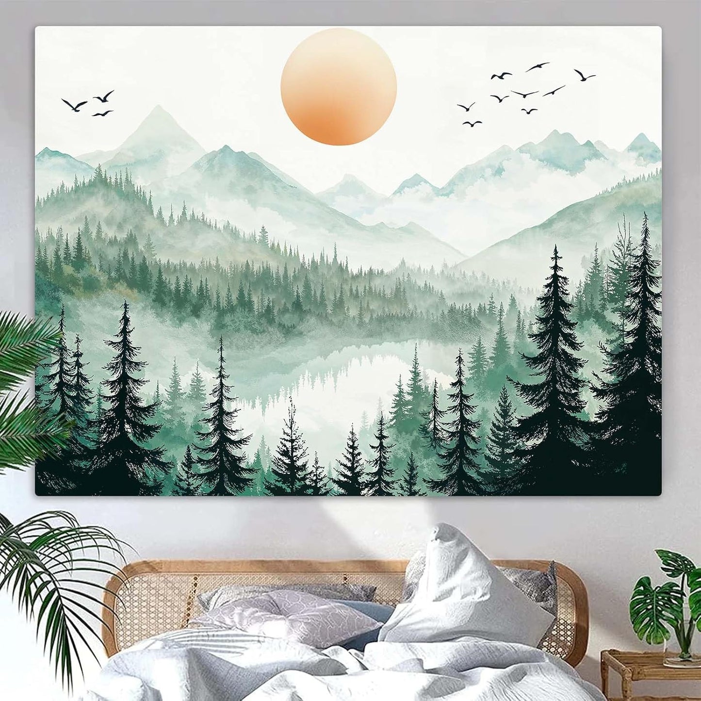 Accnicc Misty Forest Mountain Tapestry Sage Green Nature Pine Tree Wall Tapestry for Bedroom Aesthetic Watercolor Woods Lake Small Tapestries Wall Hanging for Living Room Dorm Decor 48 x 36 Inch