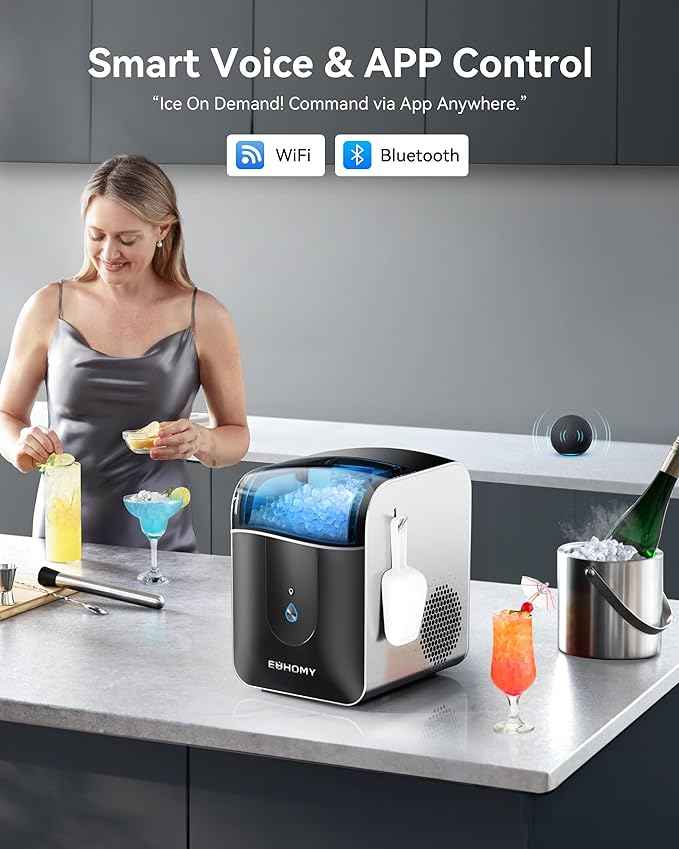 EUHOMY Smart Nugget Ice Maker Countertop, Sonic Ice Maker Machine with APP Control, Ready in 7 Mins, 40lbs/24H, Self-Cleaning, Portable Pebble Ice Makers with Hanging Ice Scoop for Home/Kitchen/Office
