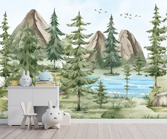 -Watercolor Green Pine Mural Cartoon Forest Fabric Wallpaper Children's Room 180" x 115"(Not Peel and Stick)