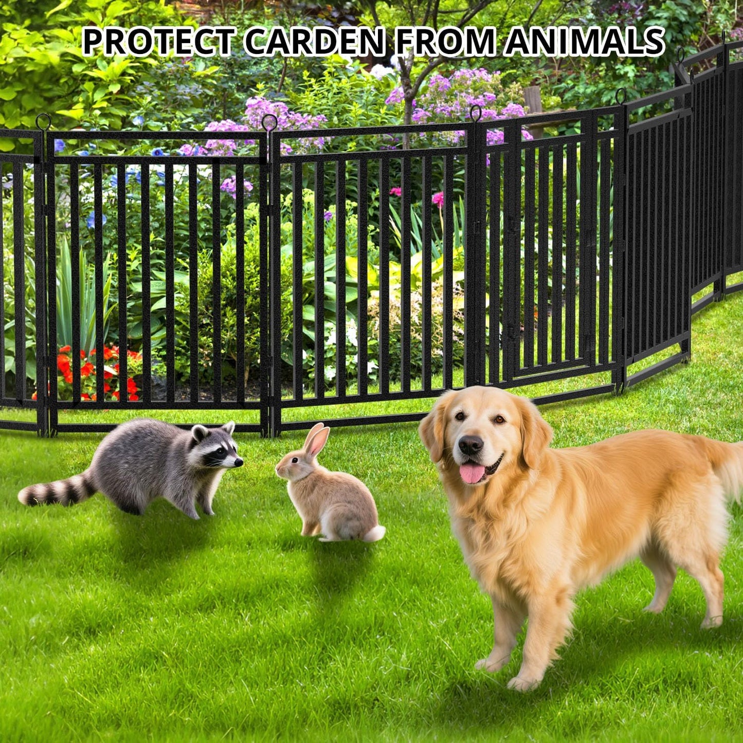 Decorative Garden Fence Metal Dog Fence Outdoor for Yard, 72ft (L) × 32in (H), 28 Panels + 4 Gates, Rustproof Animal Barrier Fencing for Patio & Flower Bed, No Dig, Black-Silver
