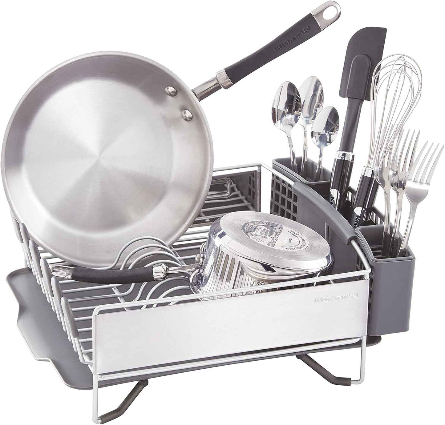 KitchenAid Compact Space Saving, Dish Rack with Removable Flatware Caddy and Angled Self Draining Drainboard, Satin Gray, 15-Inch-by-13.25-Inch
