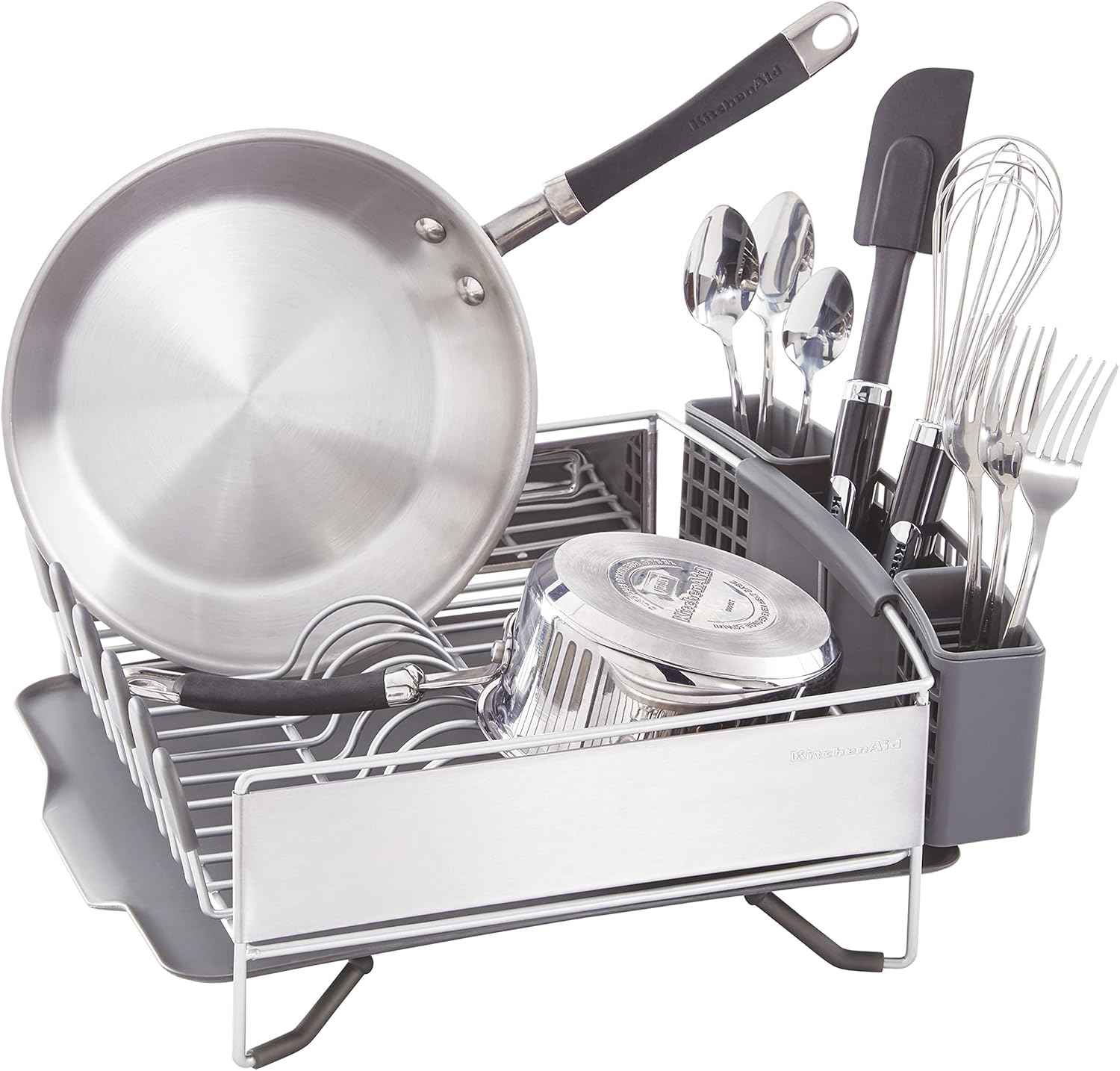 KitchenAid Compact Space Saving, Dish Rack with Removable Flatware Caddy and Angled Self Draining Drainboard, Satin Gray, 15-Inch-by-13.25-Inch