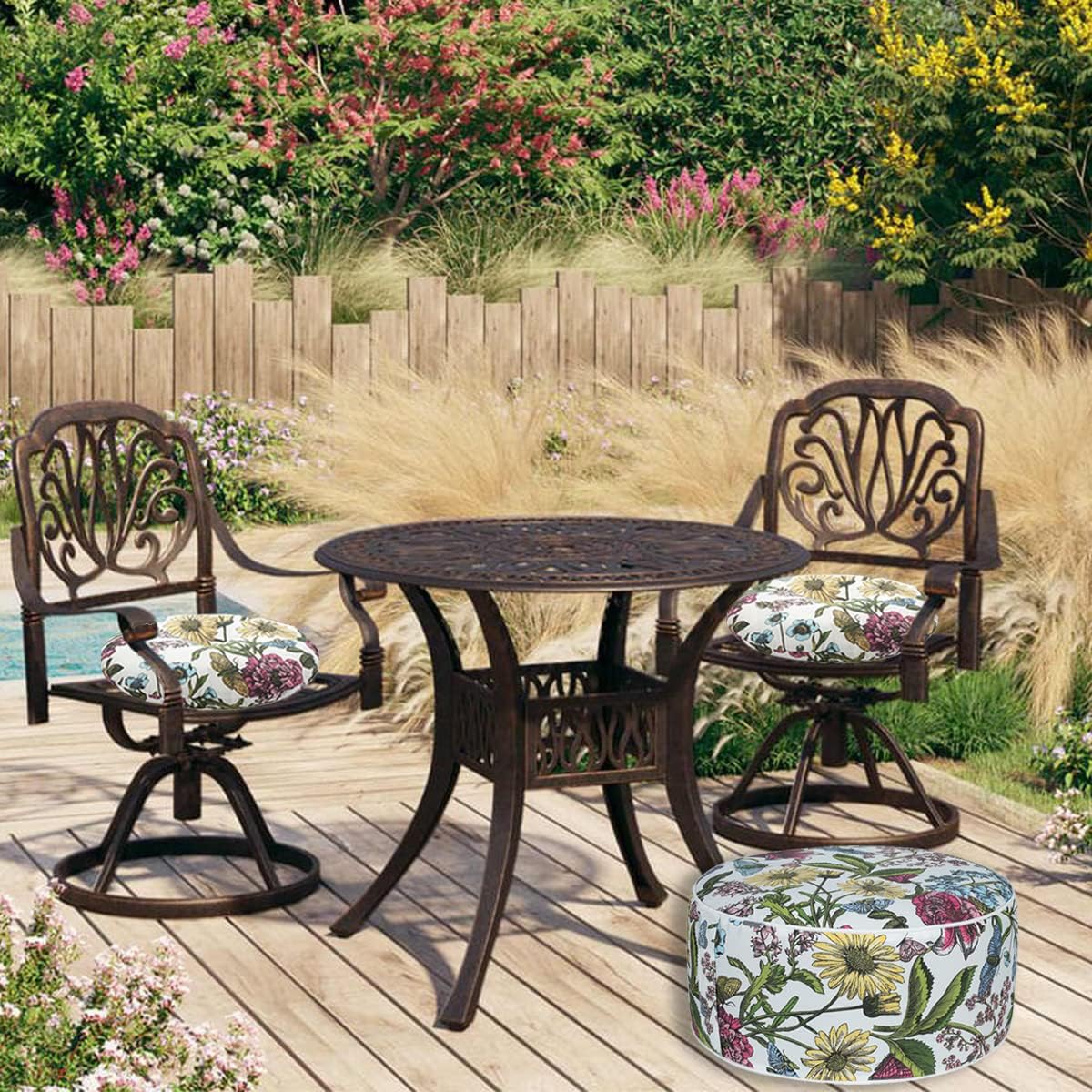 FUNHOME Inflatable Outdoor Ottoman with Air Pump,20"x9" Portable Patio Pouf,Water Resistant,Fade-Resistant,Round Blow Up Footrest Stools for Home Garden Camping Travel(Butterfly Flower)