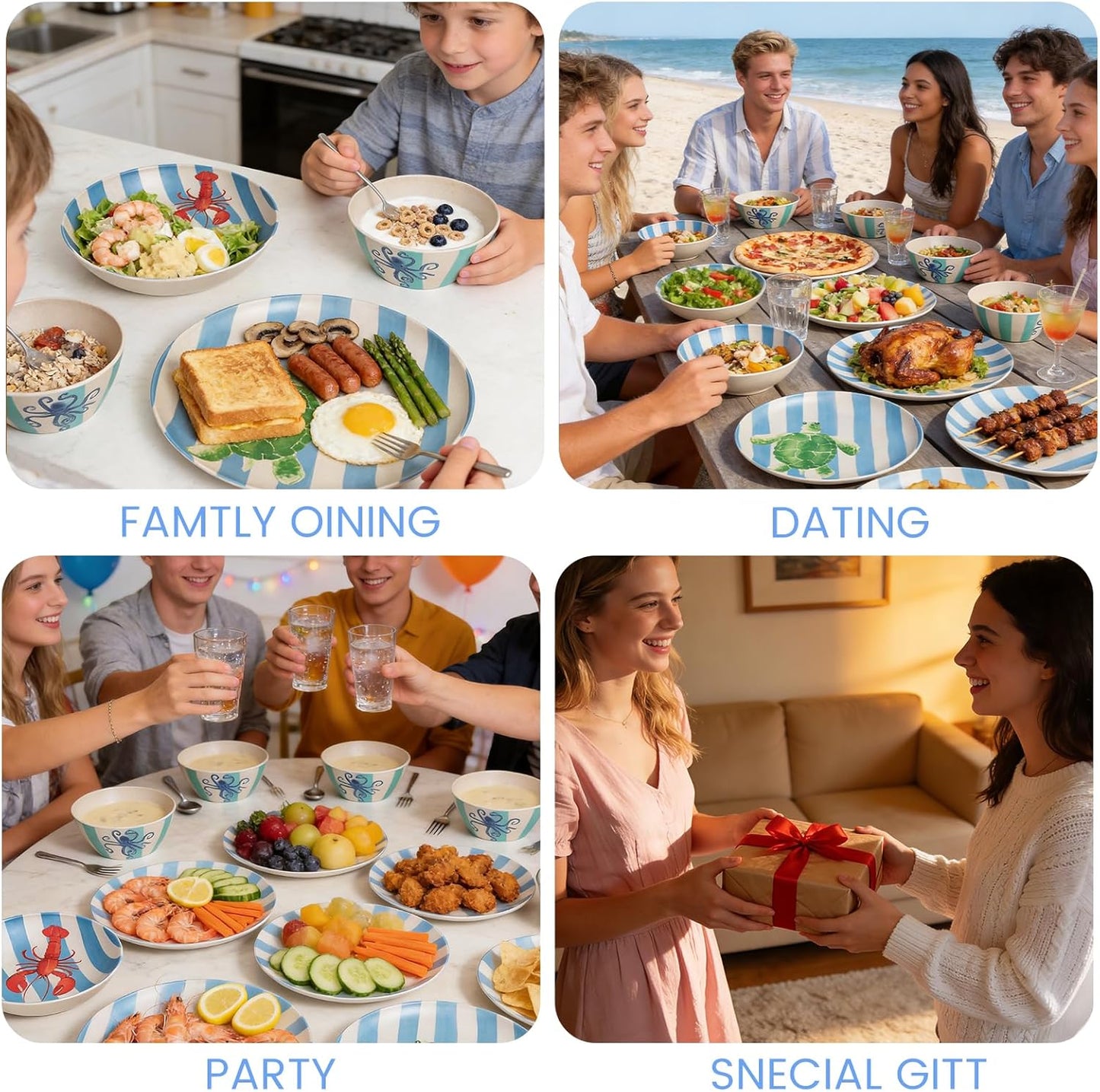 Unbreakable Dinnerware Set for 4 Blue Stripe Lobster Crab 12 Piece Melamine Wheat Straw BPA Free Lightweight Dishwasher Safe Shatter Resistant for Camping Outdoor RV Party