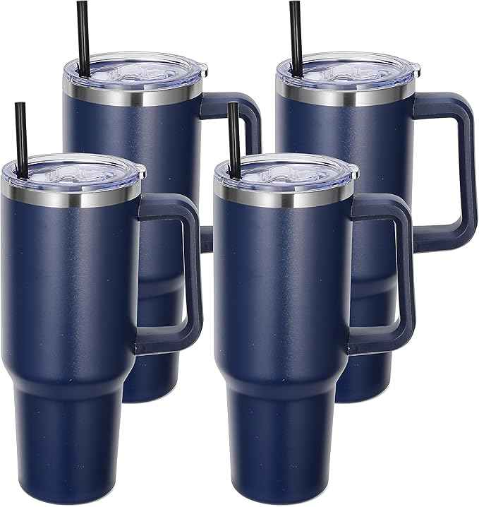 DOMICARE 40 oz Tumbler with Handle and Straw, Stainless Steel Tumbler with Lid and Straw, Reusable Vacuum Insulated Cup, Travel Coffee Mug, Navy Blue, 4Pack