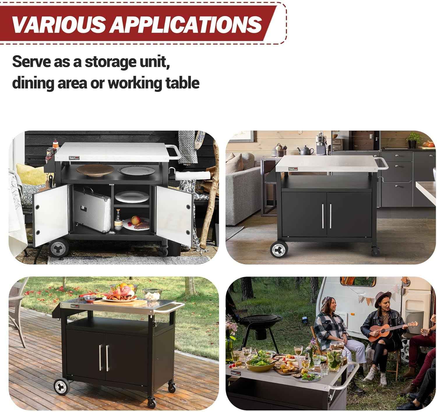 Outdoor Grill Cart with Wheels, Movable Kitchen Island with Storage Cabinet for BBQ, Stainless Steel Dining Cart Table for Food Prep, Black, PC3403S-SC