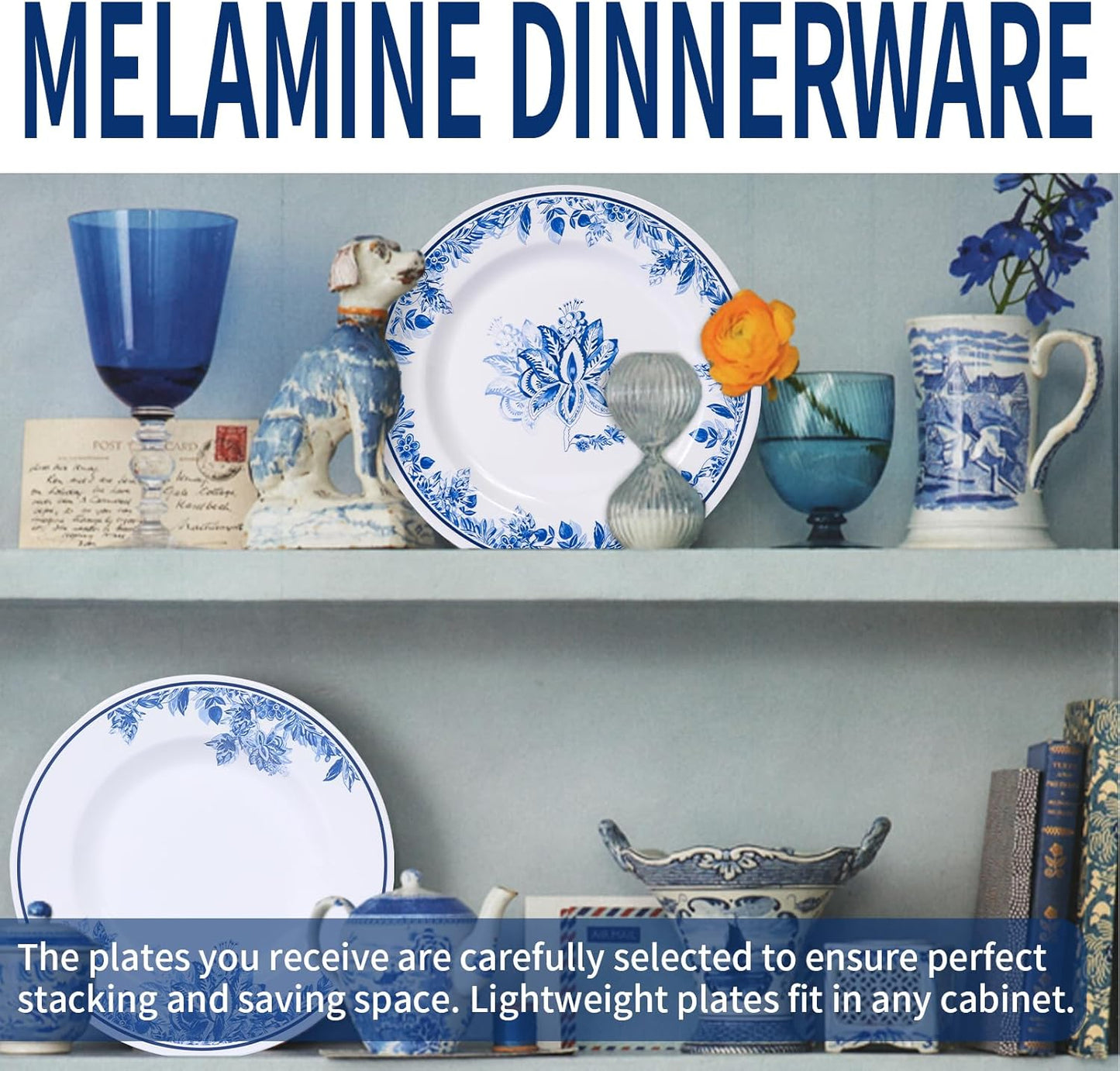 Melamine Dinnerware Sets-12pcs Floral Dinnerware Set Service for 4, Blue White Plates and Bowls Sets, Dishwasher Safe, Break-resistant, Outdoor Camping Picnics Use, Reusable, Traditional Flower