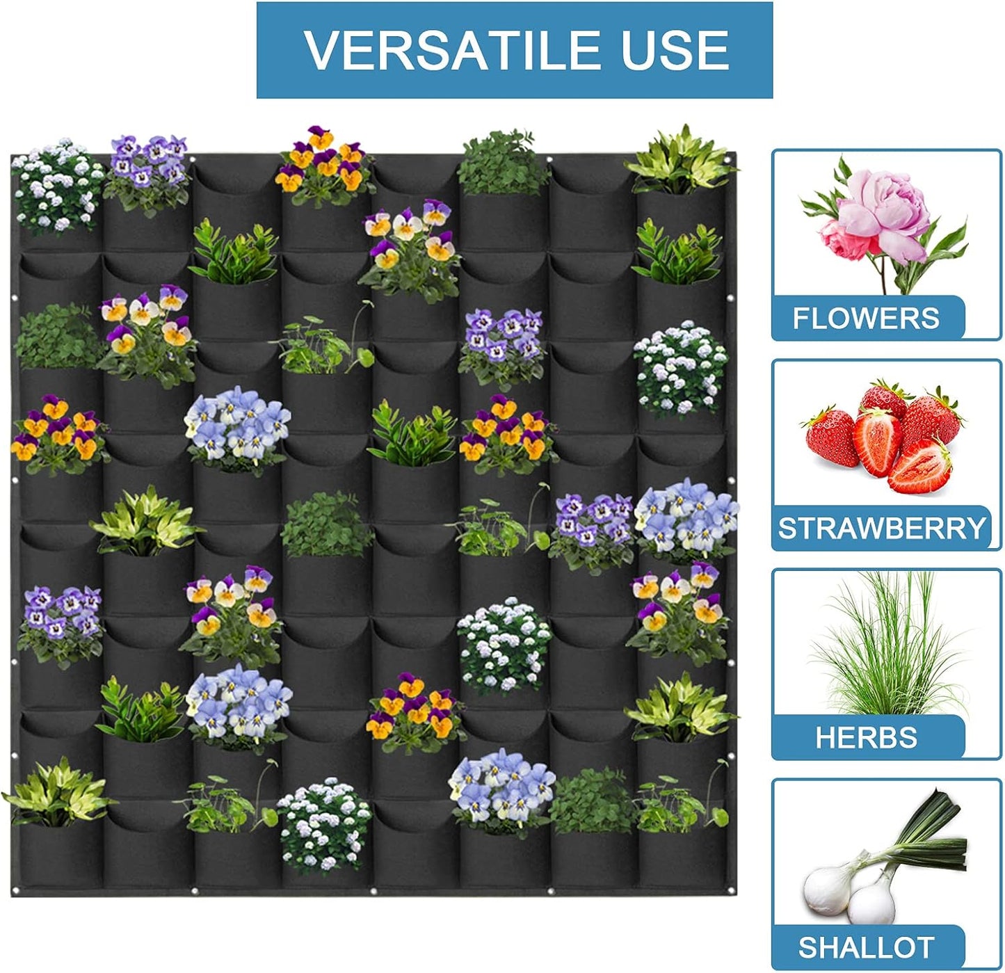 64 Pockets Hanging Planter Bags, Hanging Vertical Wall Mounted Plant Planting Grow Bags, Herb Garden Planter Outdoor Indoor Growing Bag, Gardening Vertical Greening Flower Container(1m×1m, Black)