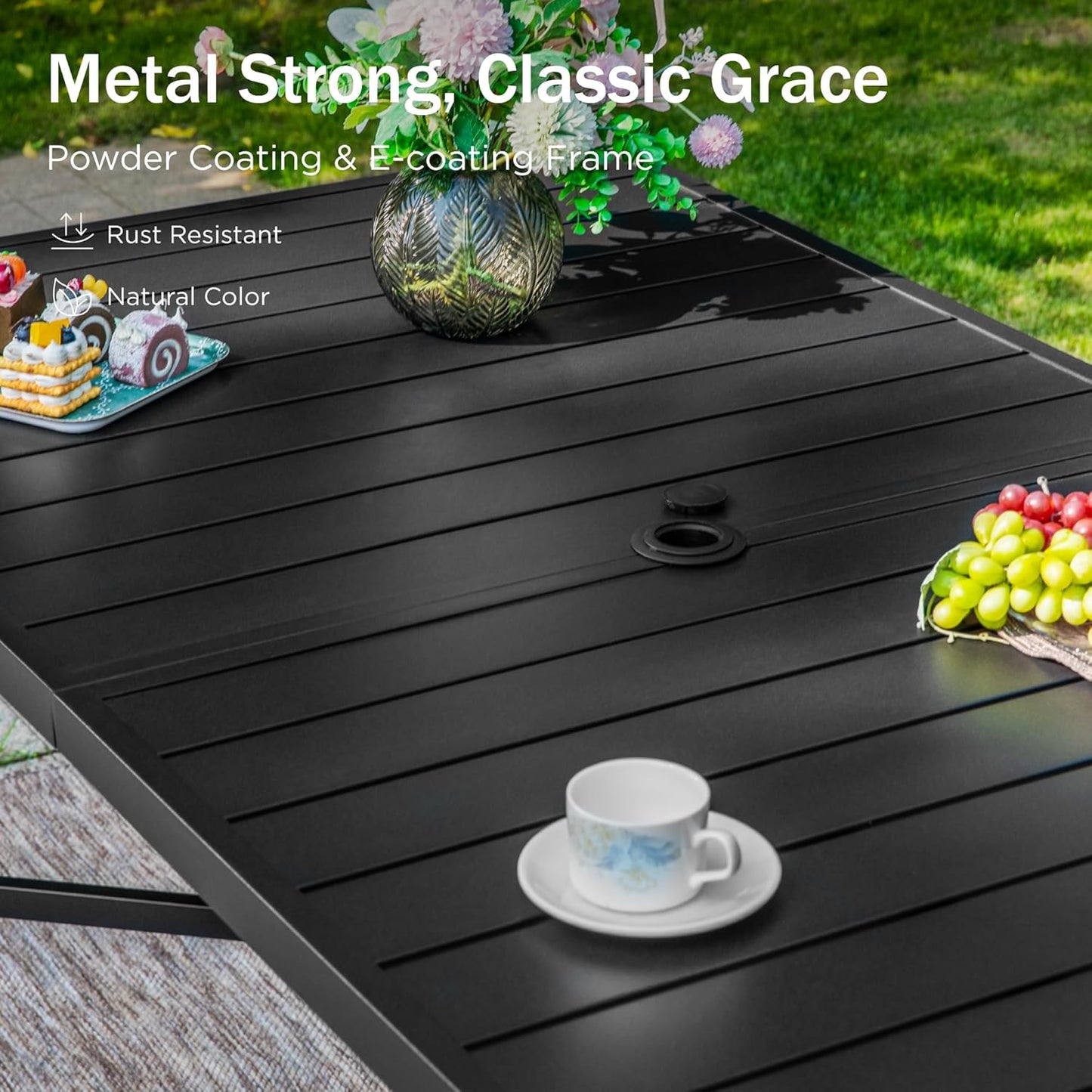 PHI VILLA Outdoor Patio Bar Dining Table for 6, 40" High Top Rectangle Metal Steel Table with 1.97" Umbrella Hole for Garden, Yard and Deck, Black