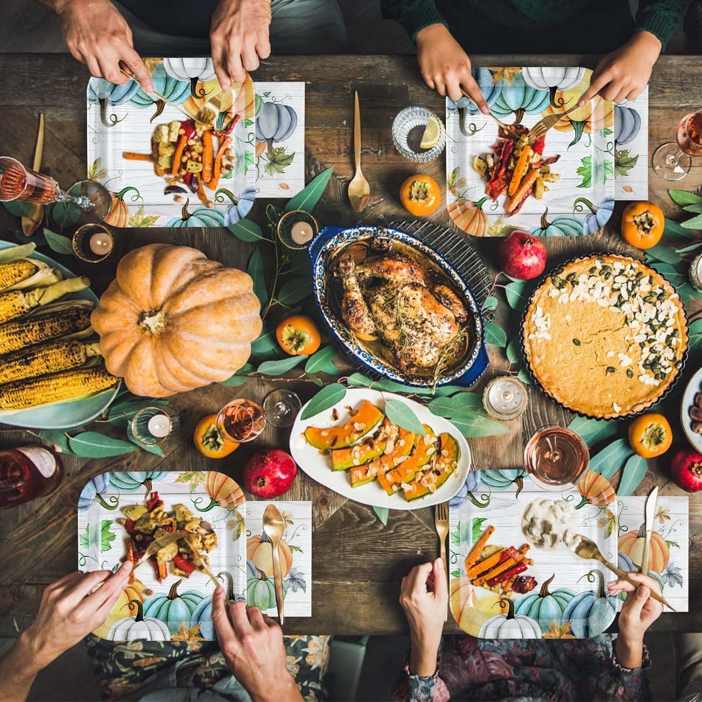 Grencian 200Pcs Fall Plates and Napkins Square Blue Pumpkins Plate Thanksgiving Paper Plates Pumpkin Wood Grain Dinnerware for Baby Shower Fall Harvest Family Thanksgiving Party Decorations, Serves 50