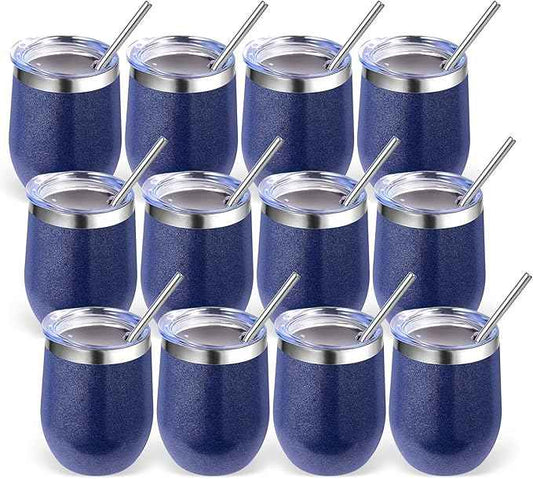 Volhoply 12oz Stainless Steel Wine Tumbler with Lid Bulk 12 Pack,Double Wall Vacuum Stemless Wine Glasses,Reusable Metal Travel Coffe Mug with Straw,Insulated Cups Gifts for Christmas（Navy,12 Set）