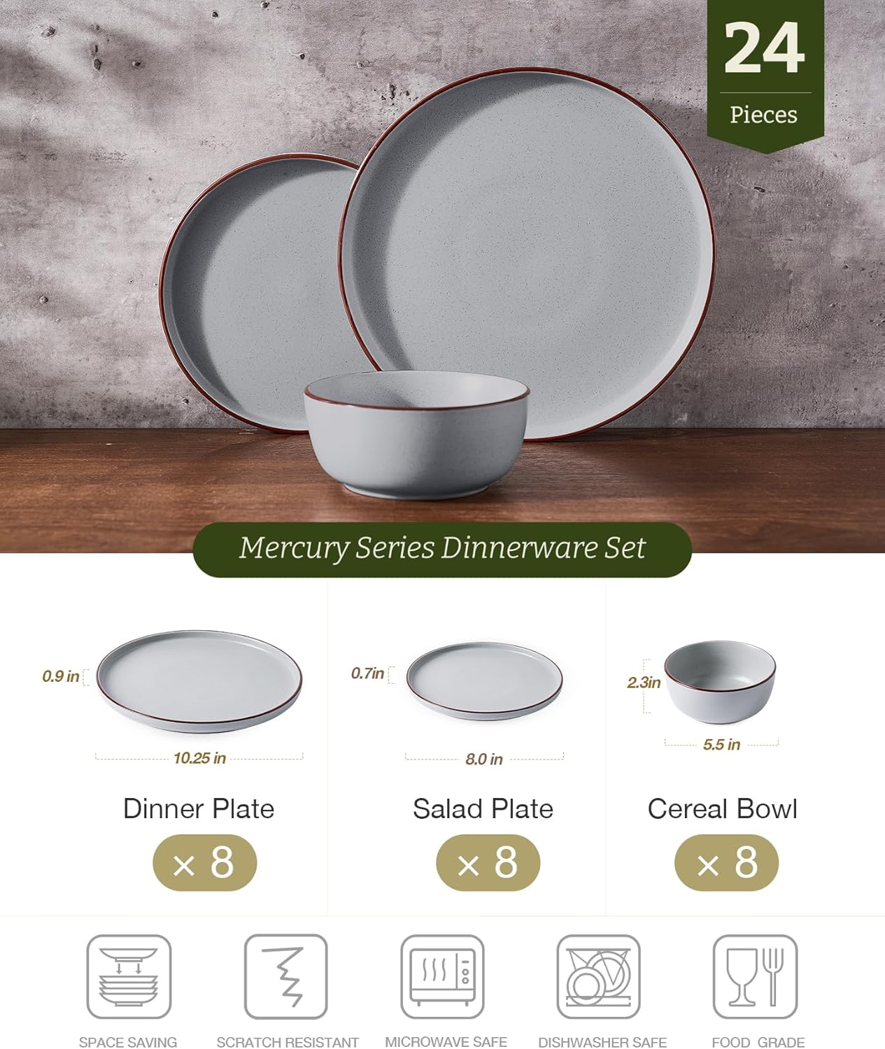Famiware Mercury 24 Pieces Dinnerware Sets, Plates and Bowls Sets for 8, Microwave and Dishwasher Safe Dish Set, Light Grey