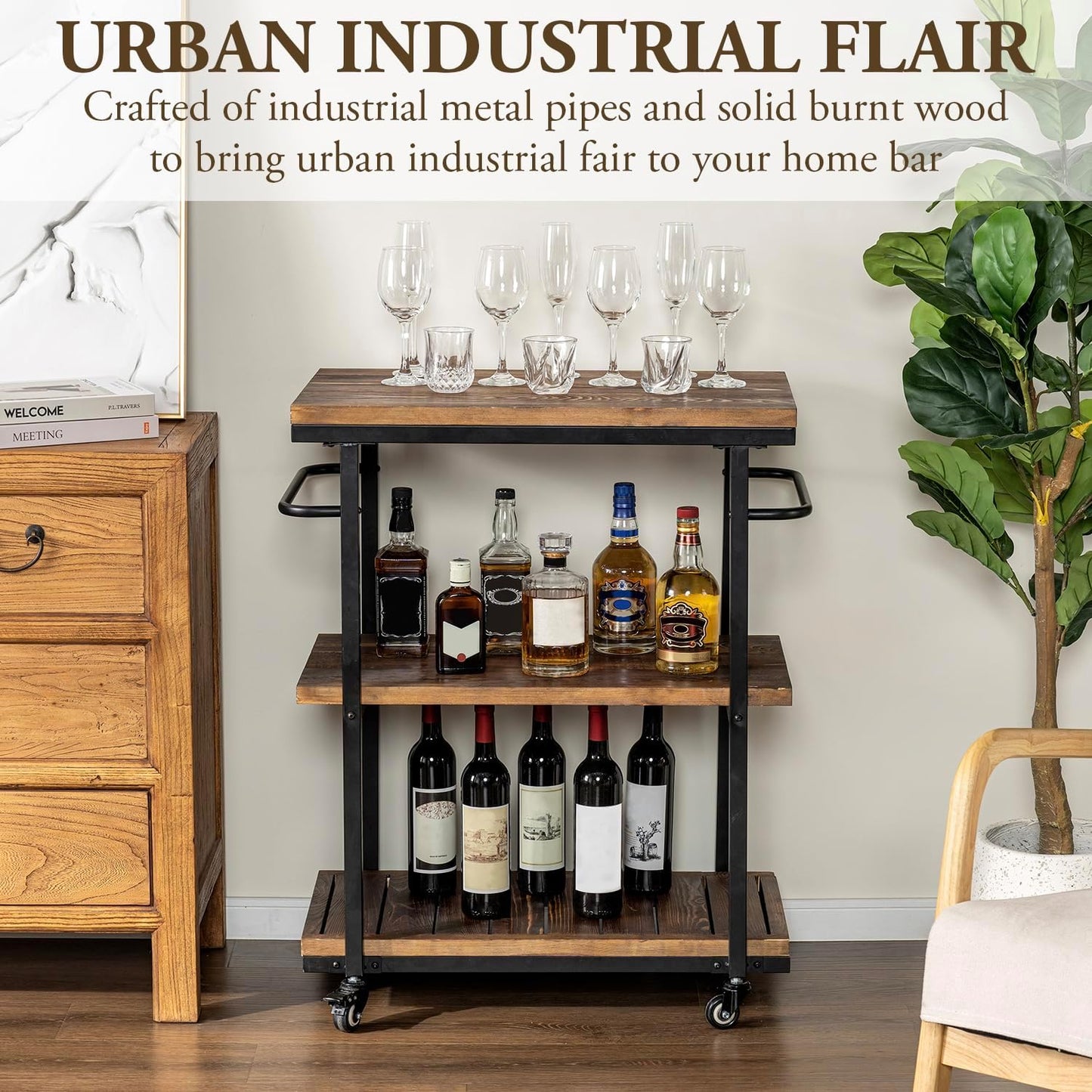 Bar Carts for The Home, Rolling Home Bar Serving Cart on Wheels, 3 Tier Portable Bar Cart, Rolling Coffee Cart with Lockable Wheels, Rustic Burnt Solid Wood and Industrial Matte Black Metal