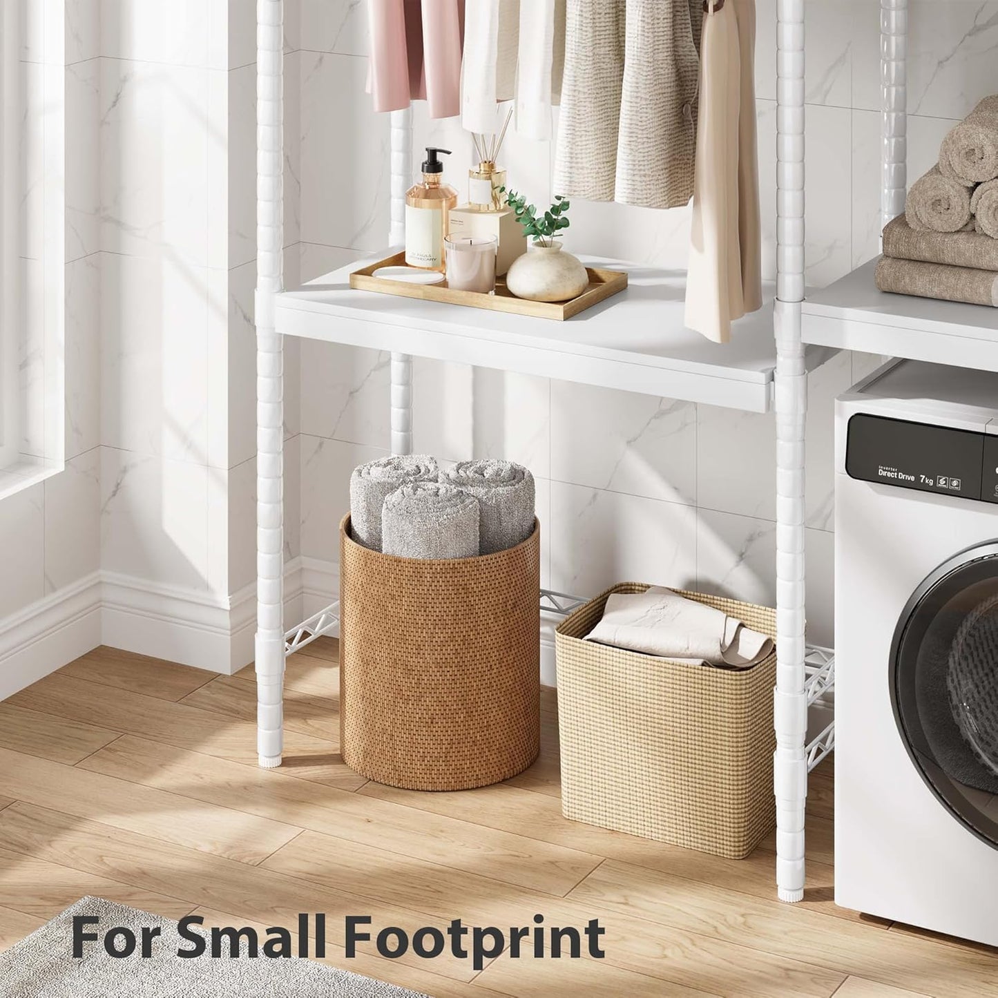 Heavy Duty 5-Tier Over-The-Washer Laundry Storage Shelf – Adjustable Height Organizer with Double-Layer Wood Shelves, 28" Space-Saving Rack for Laundry Room, White