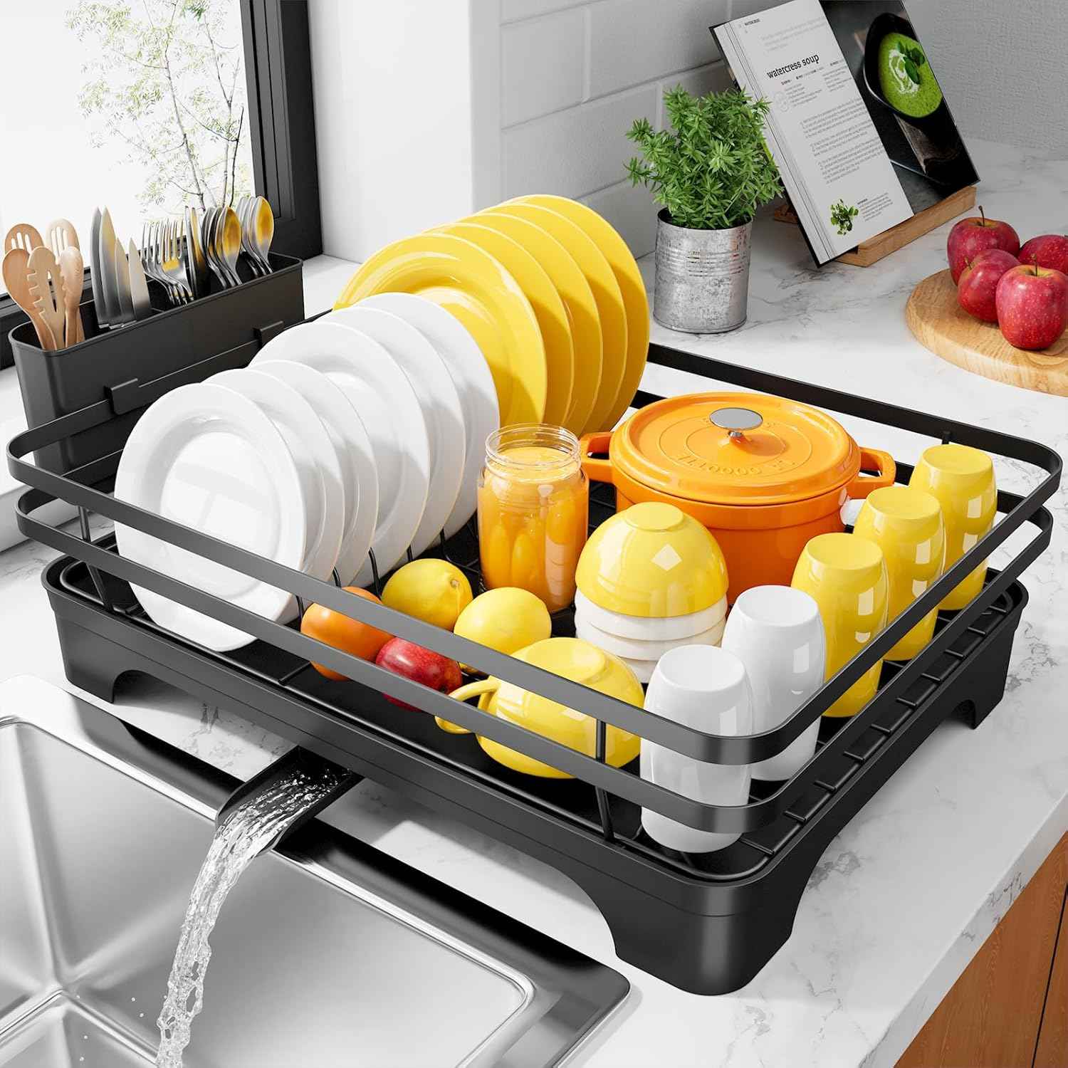 Kitsure Dish Drying Rack - Multi-Functional Dish Rack for Kitchen Counter with Cutlery Holder, Rust-Proof Storage Solution with Rotatable, 15.7" x 12.0" x 5.5", Black